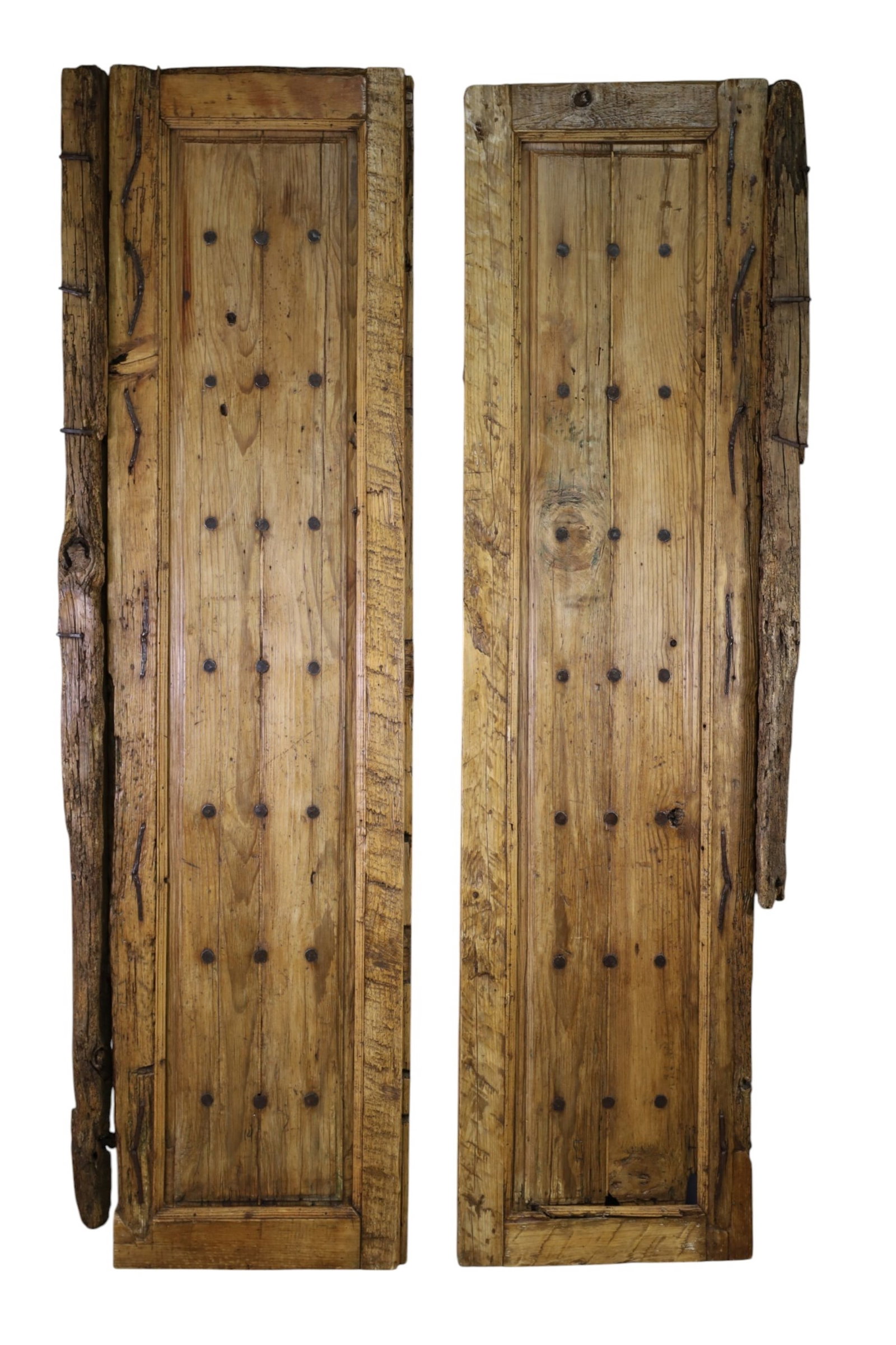 PAIR OF 18th C SPANISH DOORS: PAIR OF LARGE, IRON TACKED WOODEN DOORS. OLD HOLES FROM MOUNTING BRACKETS. 29" W x 101" H. THIS ITEM EXCEEDS SIZE AND WEIGHT LIMITATIONS FOR IN HOUSE SHIPPING, MUST BE PICKED UP IN HOUSE OR SHIPPED