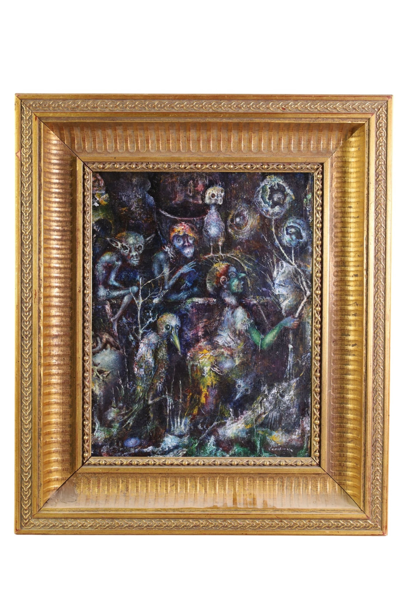 P. CADLOW OIL PAINTING: OIL ON BOARD, SIGNED LOWER RIGHT, ABSTRACT OIL PAINTING. IN GILT FRAME. 11" x 14" IMAGE SIZE / 17" x 20" IN FRAME