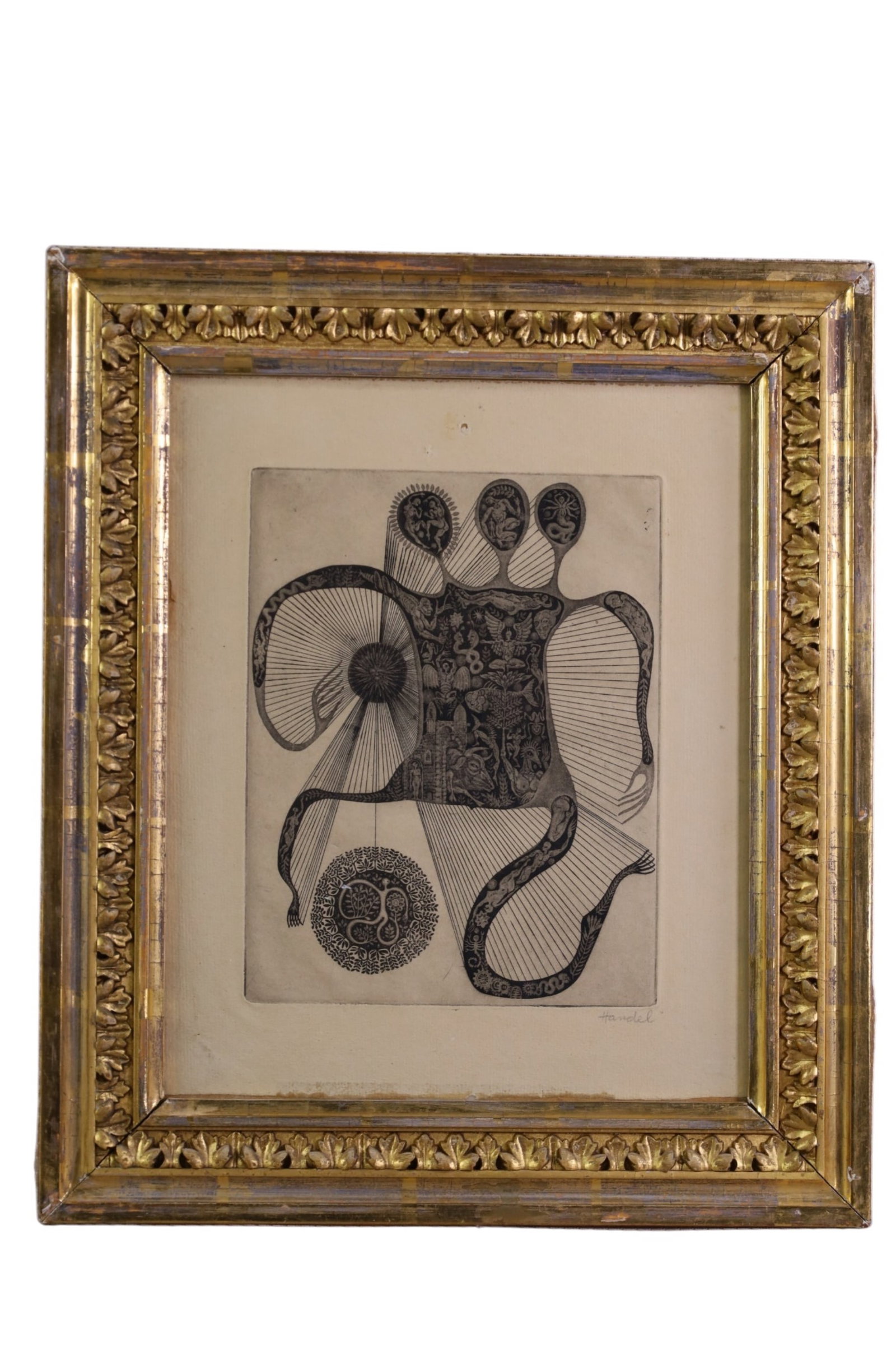 FRAMED ENGRAVING: SIGNED LOWER RIGHT, HANDEL. 7" x 8 3/4" IMAGE SIZE / 14" x 16" IN FRAME