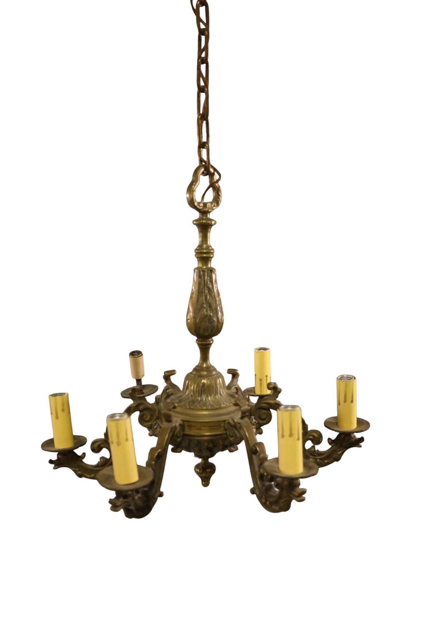 BRONZE CHANDELIER: 6 ARM ORNATE BRONZE CHANDELIER, 24" DIAM x 46" H. THIS ITEM EXCEEDS SIZE AND WEIGHT LIMITATIONS FOR IN HOUSE SHIPPING, MUST BE PICKED UP IN HOUSE OR SHIPPED VIA 3rd PARTY GROUND SHIPPER.