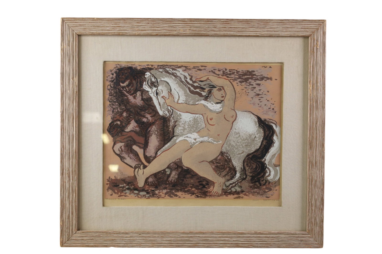 GRACE GENOI PETTIT COLORED PRINT: FRAMED PRINT, COLORED PRINT, TITLED FOREVER FLED. DATED 1946. 21" x 18 1/2" IN FRAME.