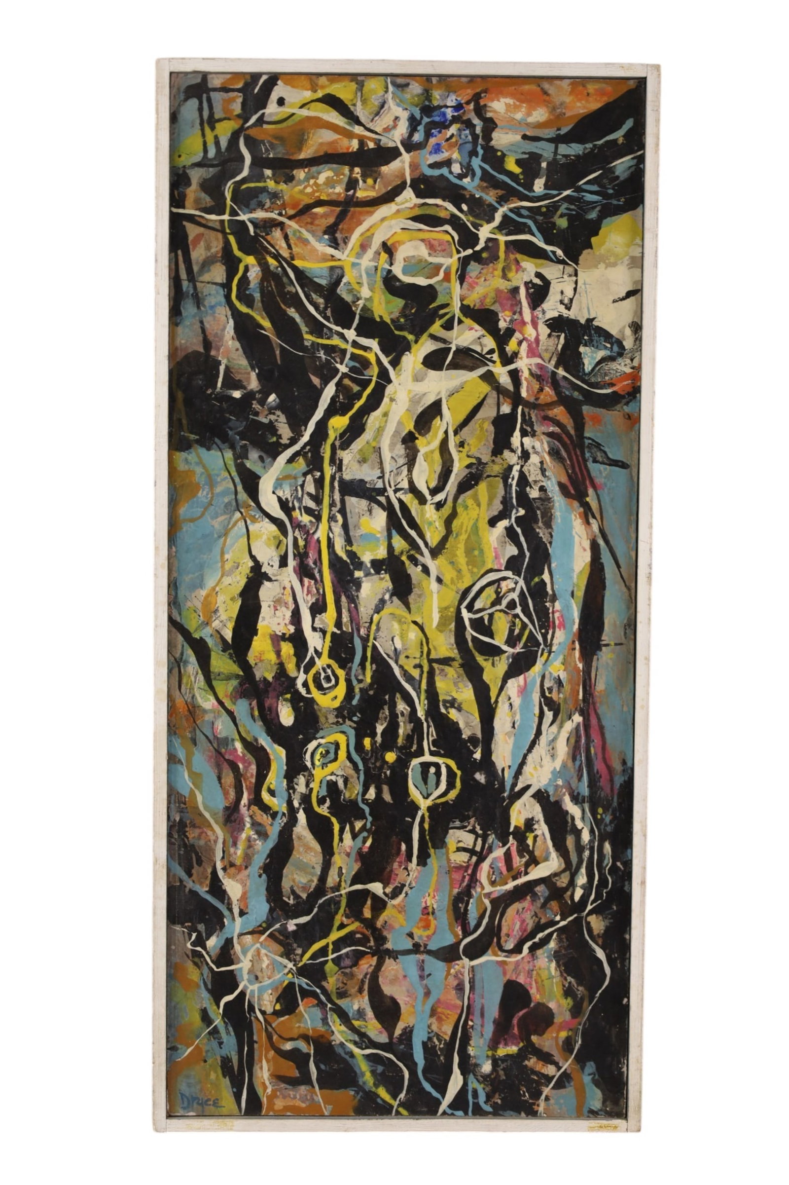 THOMAS DRYCE WALL HANGING: ACRYLLIC / WATERCOLOR, ON BOARD, SIGNED LOWER LEFT, TITLED SYMBIOSIS No 2. DATED 1960. 23 1/2" X 11" IN FRAME