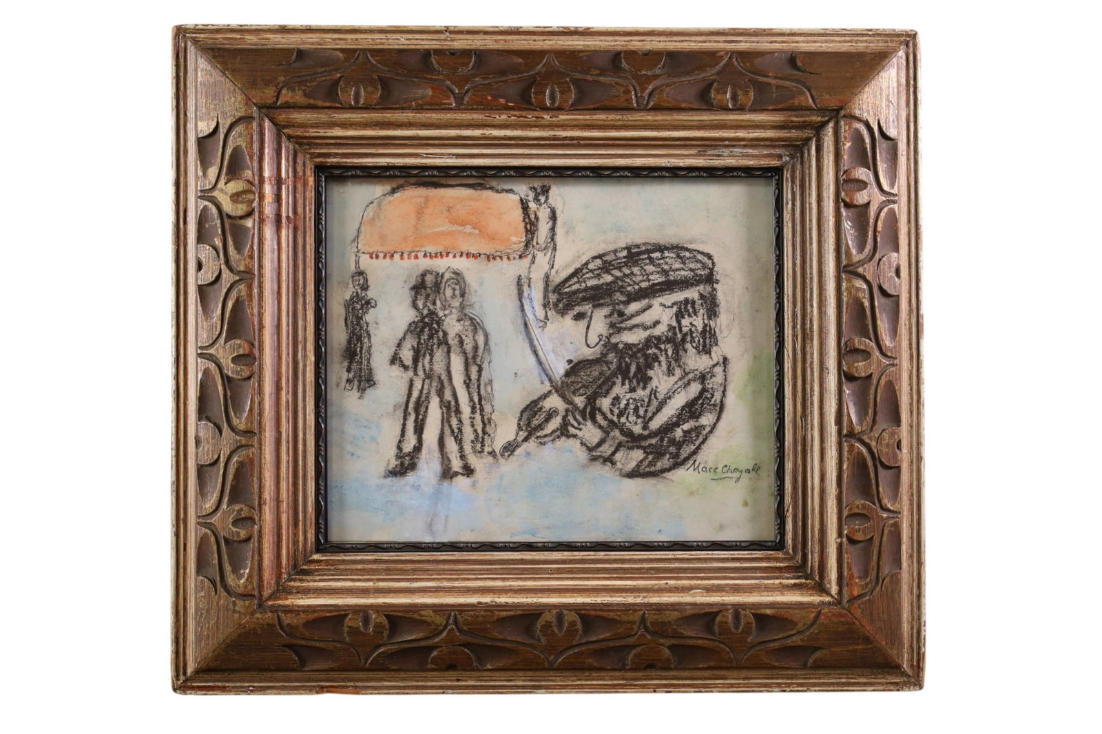 MARC CHAGALL PAINTING: MIXED MEDIA PAINTING, MARC CHAGALL, TITLED THE WEDDING. WITH FAMILY PROVENANCE. 12" x 10 1/2" IMAGE SIZE / 17 1/2" x 15 1/2" IN FRAME.