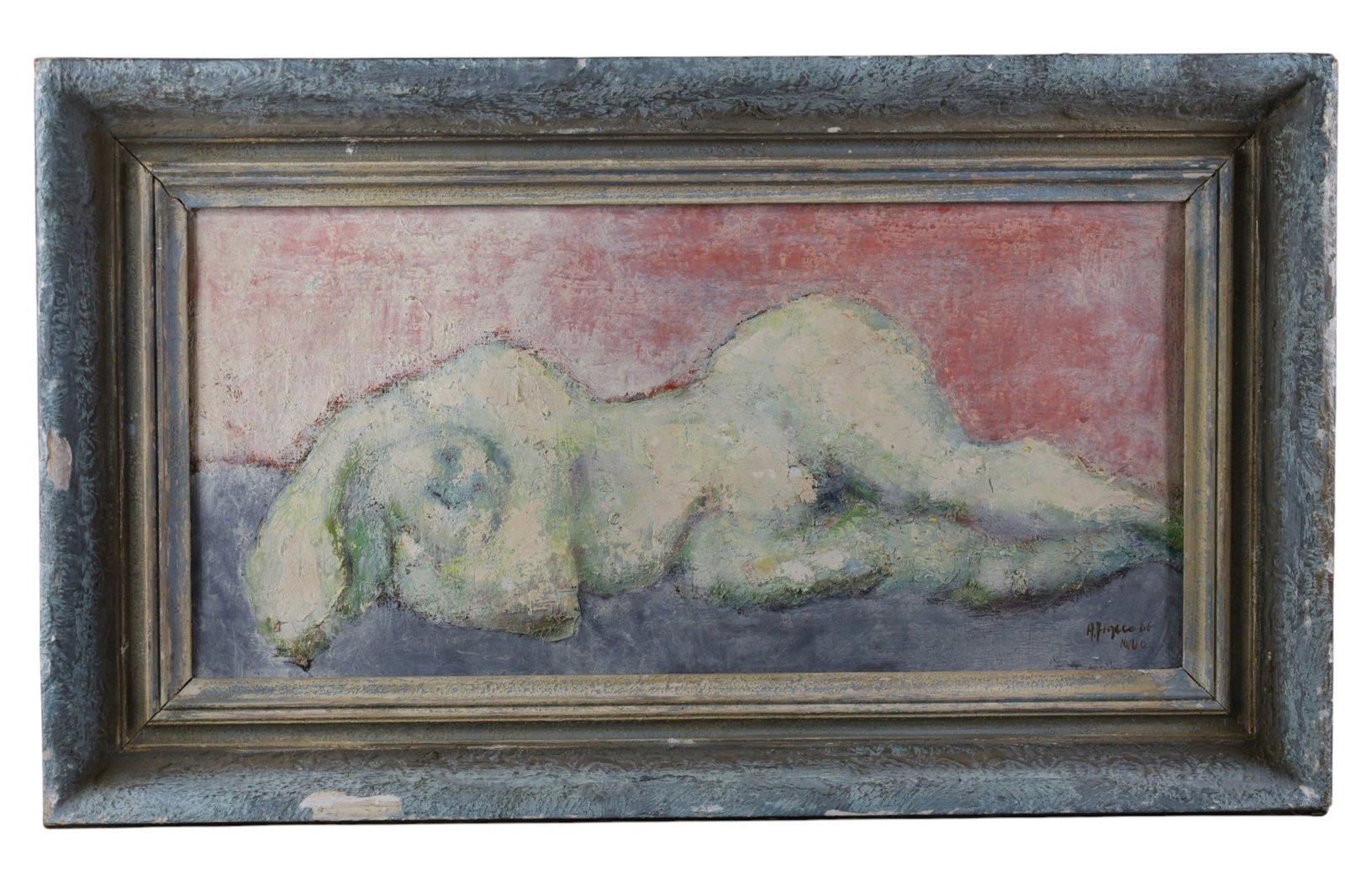 ANTONIO FIACCO NUDE PORTRAIT: OIL ON CANVAS, SIGNED LOWER RIGHT, DATED 1966. DAMAGE TO FRAME, CRAZING TO IMAGE. 27 1/2" x 13" IMAGE SIZE / 33 1/2" x 20" IN FRAME.