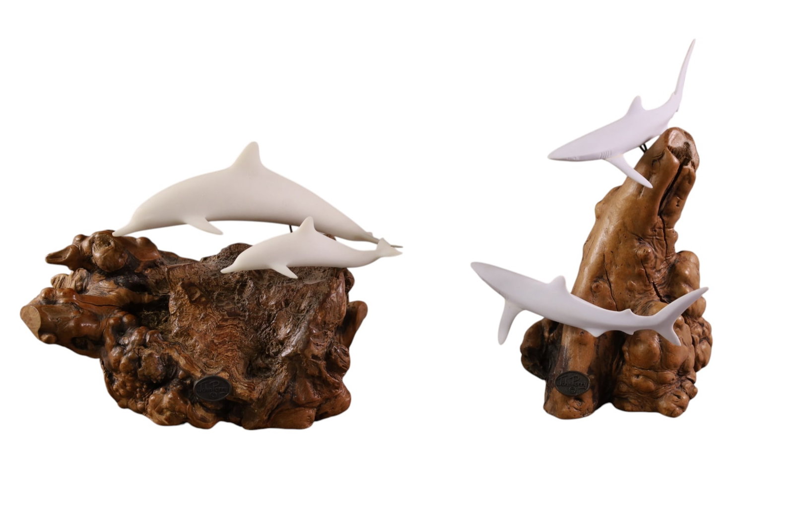 2 JOHN PERRY SCULPTURES: 2 SMALL DRIFT WOOD AND DOLPHIN & SHARK SCULPTURE, SIGNED. 6" - 8" H.