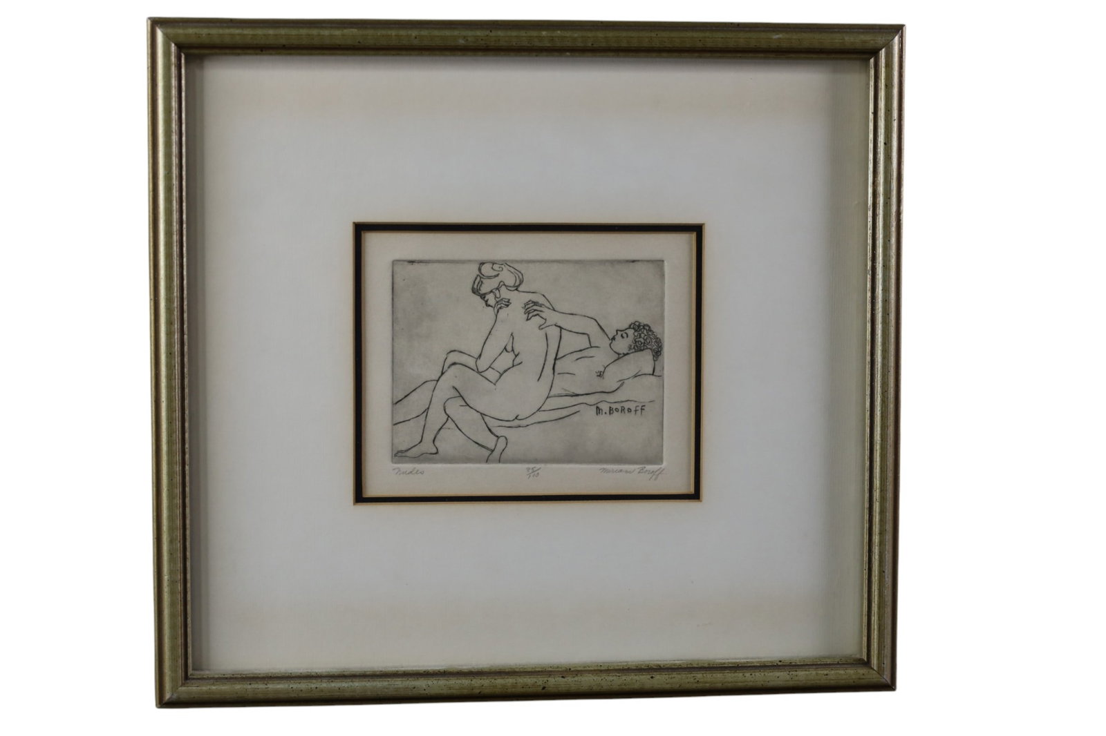 MIRIAM BOROFF ETCHING: SMALL FRAMED ETCHING, 85/100. TITLED NUDES. SIGNED LOWER RIGHT. 6" X 4" IMAGE SIZE / 16" x 14 1/2" IN FRAME