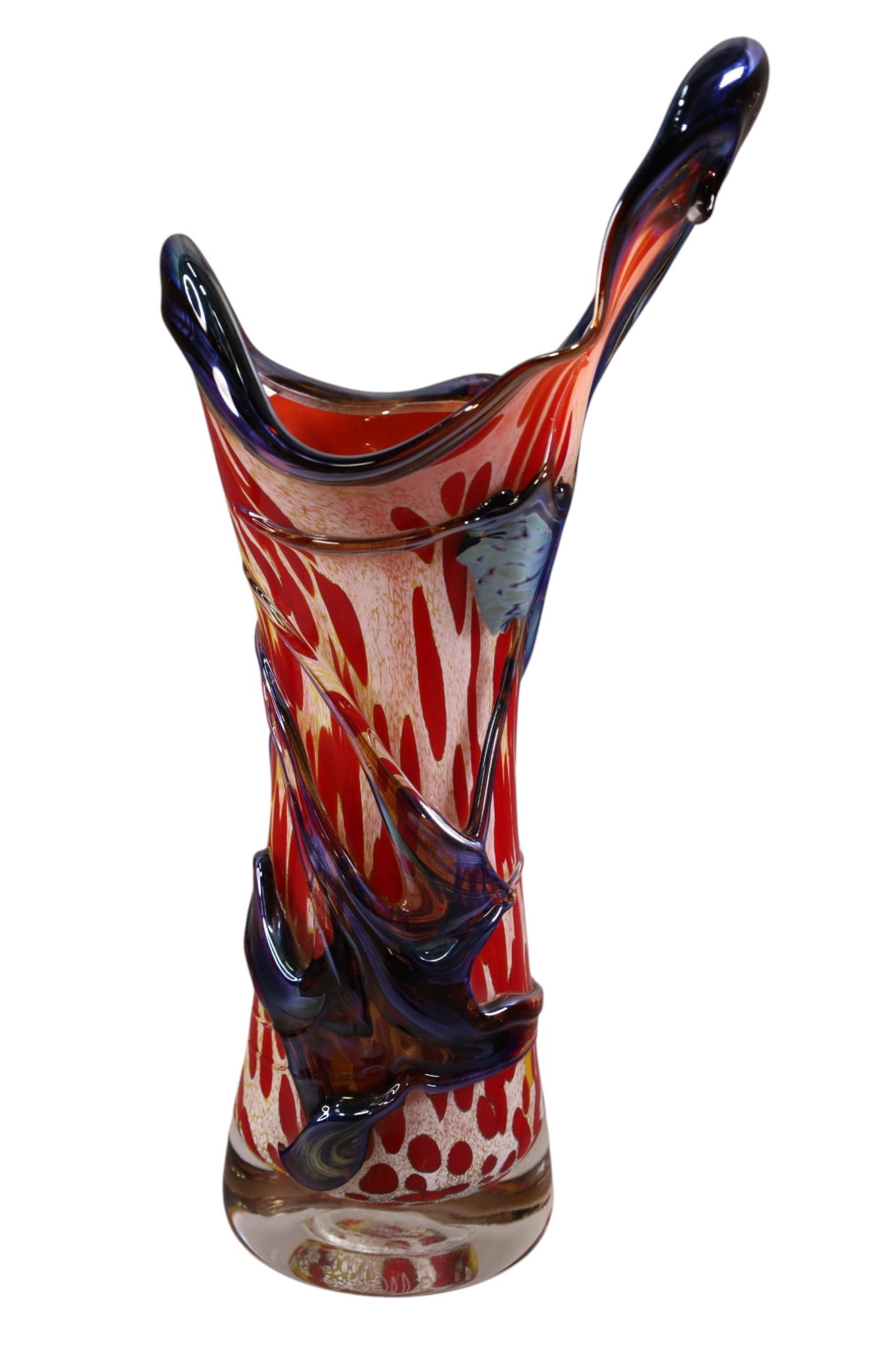 ART GLASS VASE: ABSTRACT ART GLASS VASE, SIGNED AND DATED ON BASE. 14 1/2" H.