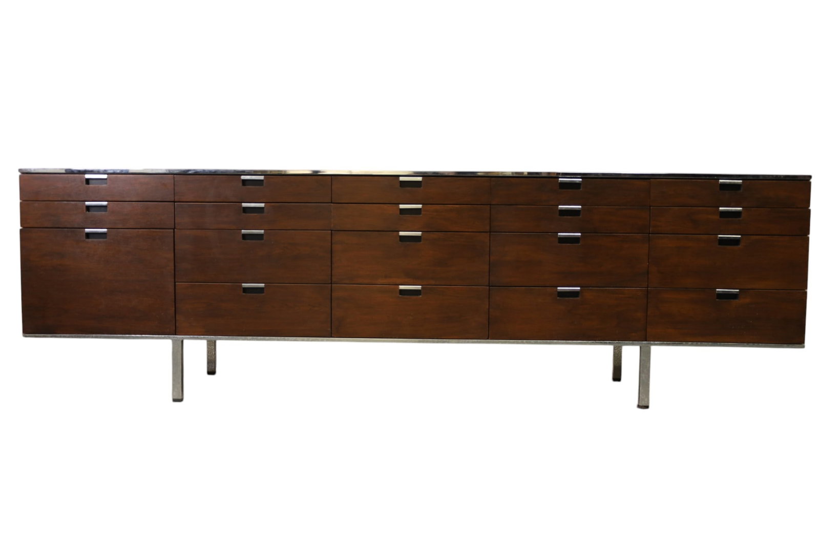 DUNBAR ROSEWOOD & CHROME CREDENZA: LARGE MID CENTURY MODERN CREDENZA, ROSEWOOD AND CHROME, 19 DRAWERS. SMALL VENEER CHIPS. SOME PITTING TO CHROME. 90" W x 18" D x 27" H. THIS ITEM EXCEEDS SIZE, WEIGHT, AND OR FRAGILITY LIMITATIONS FOR 