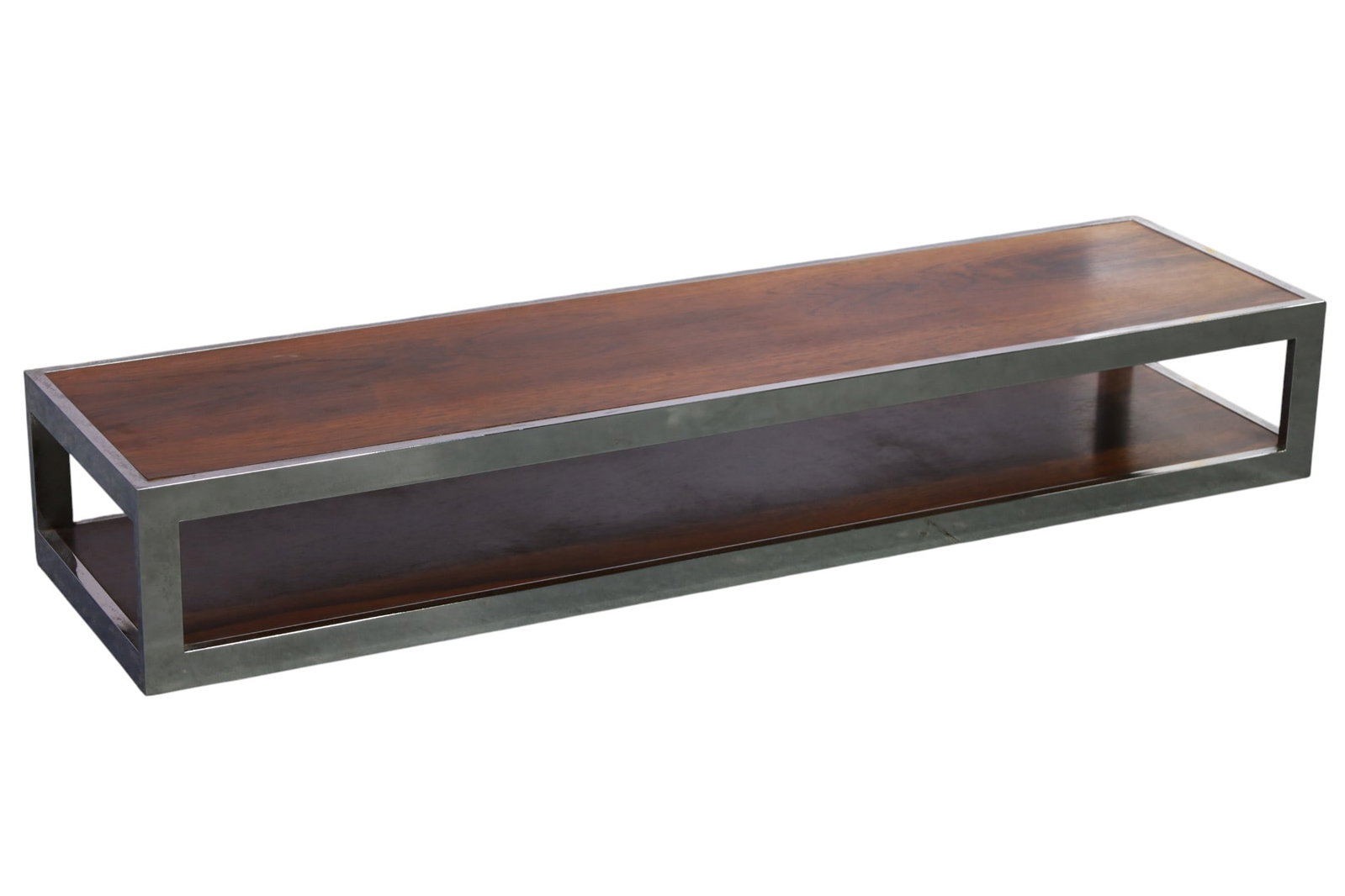 CHROME AND ROSEWOOD FLOATING SHELF: MID CENTURY MODERN CHROME AND ROSEWOOD FLOATING SHELF, UNMARKED. 52" W x 14" D x 8" H. THIS ITEM EXCEEDS SIZE, WEIGHT, AND OR FRAGILITY LIMITATIONS FOR IN HOUSE SHIPPING, MUST BE PICKED UP IN HOUSE