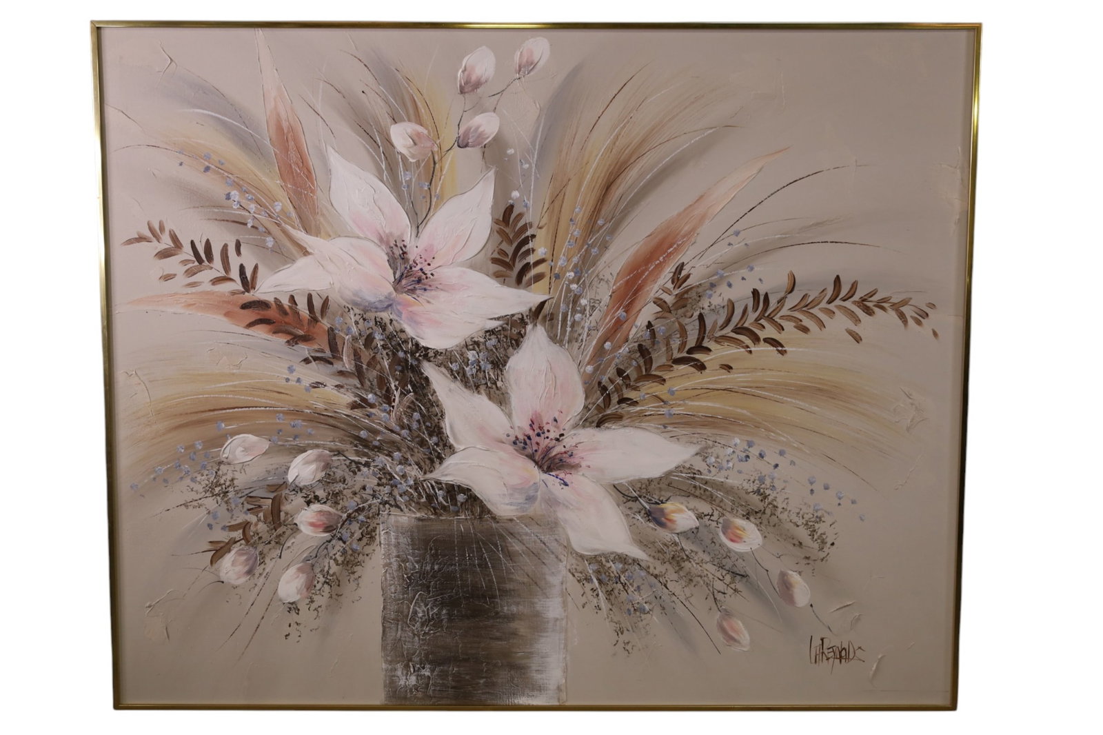 LARGE FLORAL STILL LIFE: LARGE FLORAL STILL LIFE, SIGNED LEE REYNOLDS, 60" x 48" IN FRAME. THIS ITEM EXCEEDS SIZE, WEIGHT, AND OR FRAGILITY LIMITATIONS FOR IN HOUSE SHIPPING, MUST BE PICKED UP IN HOUSE OR SHIPPED VIA 3rd