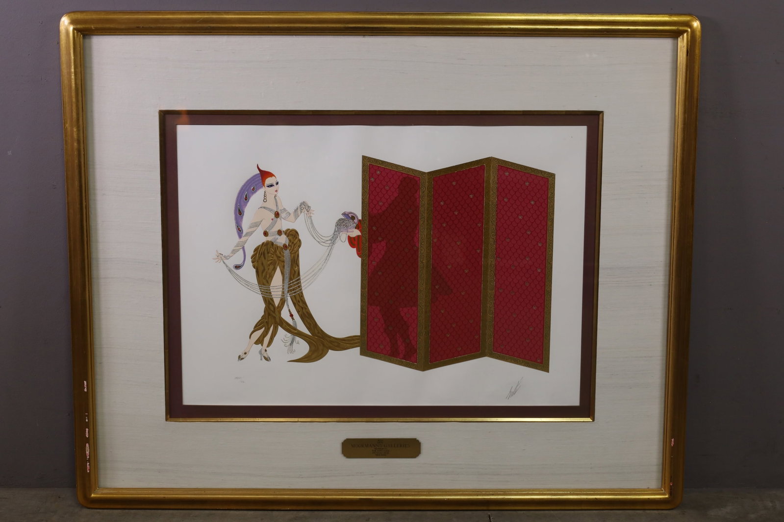 ERTE EMBOSSED SERIGRAPH: TITLED THE COURTESAN, PENCIL SIGNED AND NUMBERED. 30" x 21" IMAGE SIZE / 47" x 38" IN FRAME.