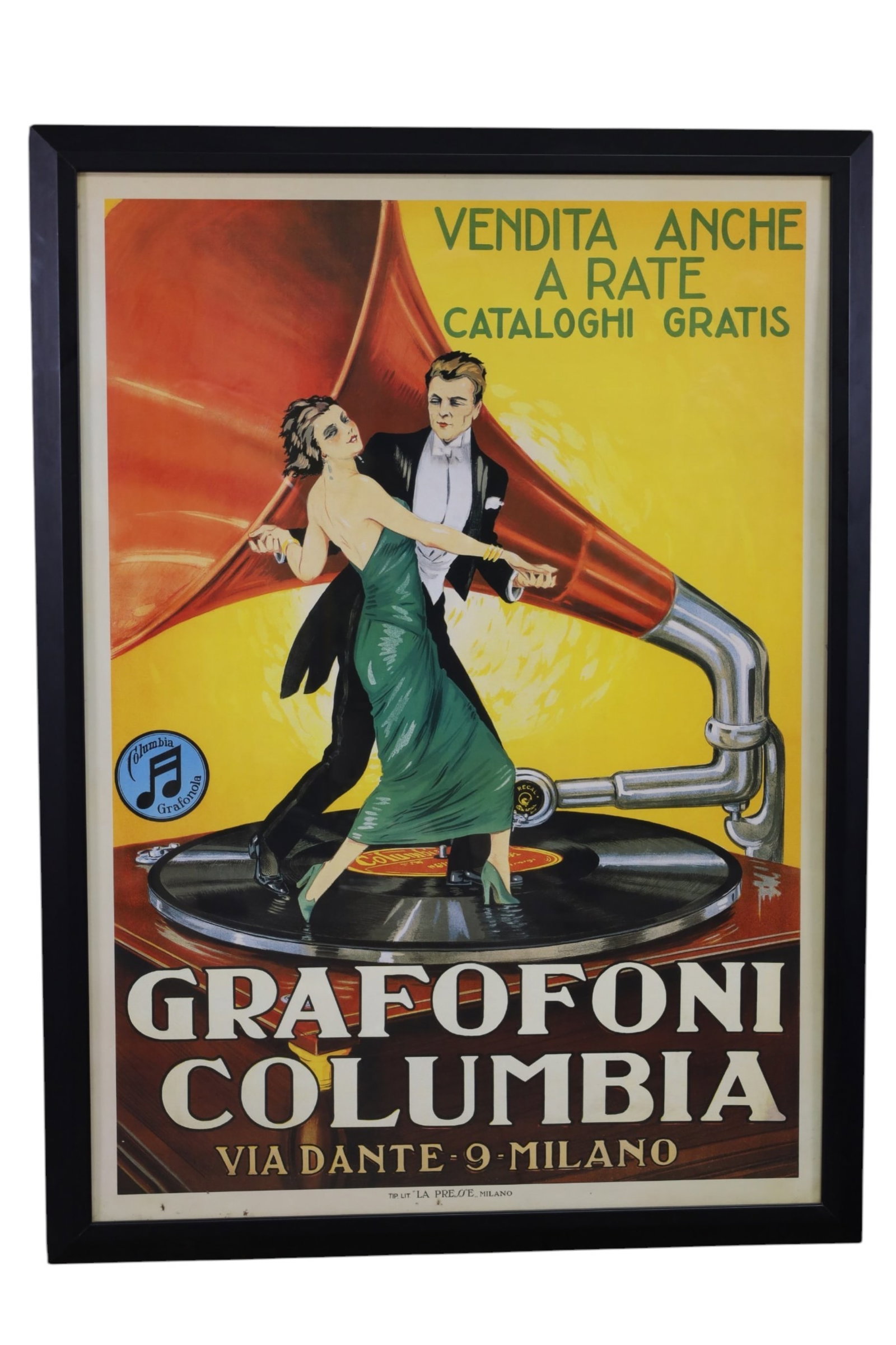 LARGE GRAFOFONI COLUMBIA POSTER: LARGE FRAMED POSTER, GRAFONONI COLUMBIA FRAMED REPRODUCTION. POSTER. 42" x 57" THIS ITEM EXCEEDS SIZE, WEIGHT, AND OR FRAGILITY LIMITATIONS FOR IN HOUSE SHIPPING, MUST BE PICKED UP IN HOUSE OR
