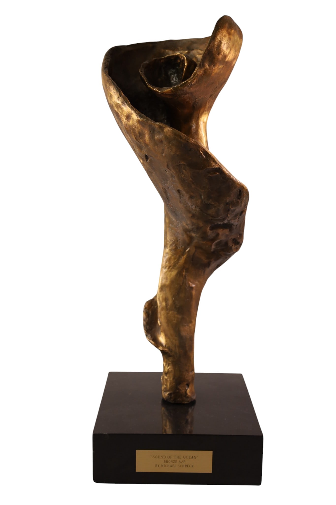 MICHAEL SCHRECK BRONZE ABSTRACT SCULPTURE: LARGE MID CENTURY MODERN ABSTRACT SCULPTURE, SIGNED MICHAEL SCHRECK, TITLED SOUND OF THE OCEAN, CHIPS TO MARBLE BASE. 9" X 9" BASE & 24" H. THIS ITEM EXCEEDS SIZE, WEIGHT, AND OR FRAGILITY