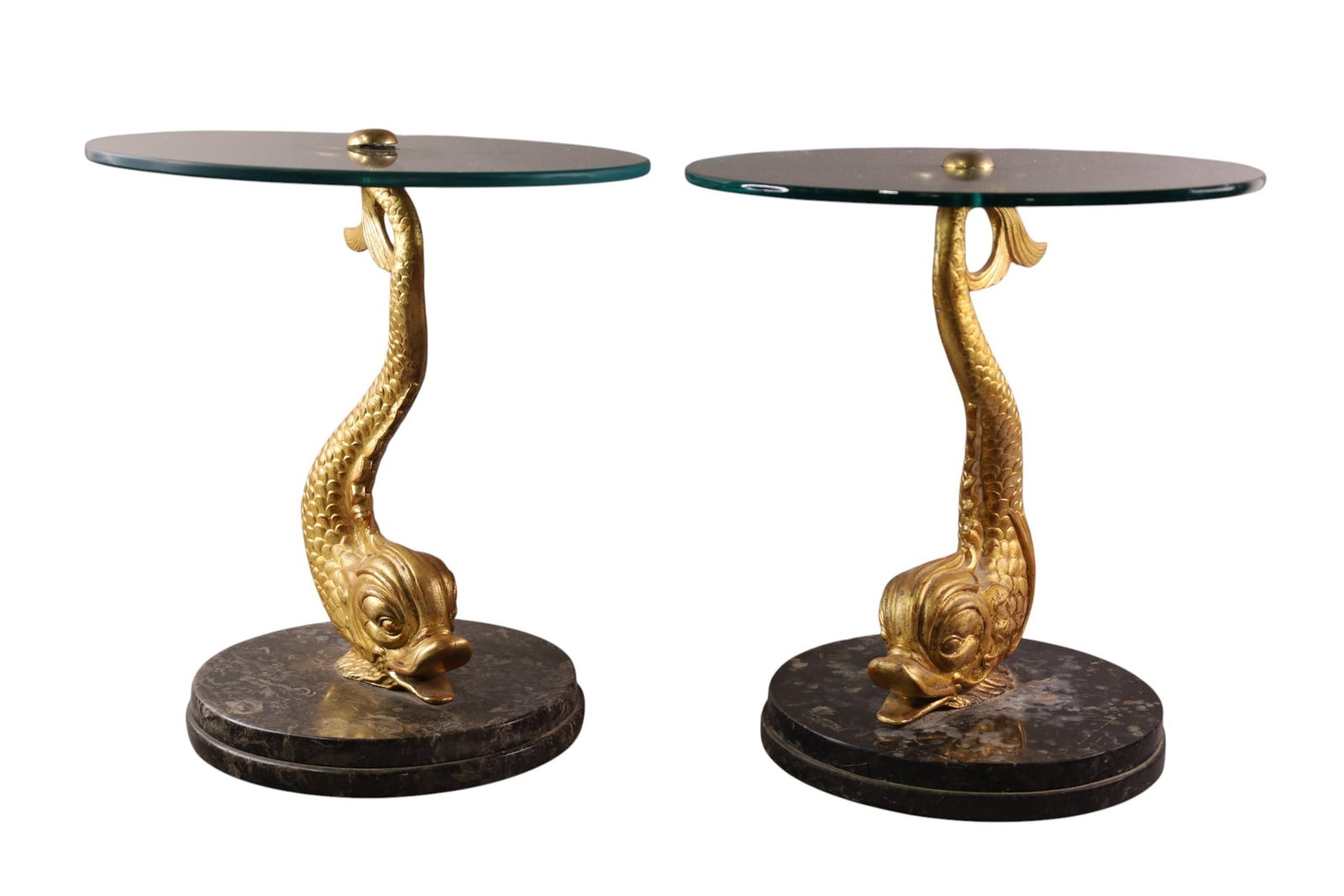 PAIR OF ITALIAN DOLPHIN END TABLES: PAIR OF REGENCY DOLPHIN FORM BASE, GLASS TOP END TABLES. MARBLE BASE. CRACK TO ONE BASE. 16" DIAM x 17" H. THIS ITEM EXCEEDS SIZE, WEIGHT, AND OR FRAGILITY LIMITATIONS FOR IN HOUSE SHIPPING, MUST BE