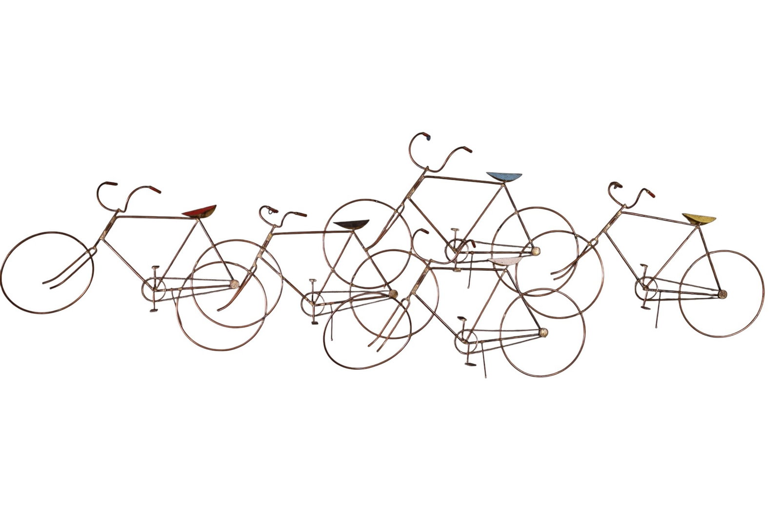 CURTIS JERE BICYCLE SCULPTURE: LARGE MID CENTURY MODERN BICYCLE SCULPTURE, BY CURTIS JERE, 62" L. THIS ITEM EXCEEDS SIZE, WEIGHT, AND OR FRAGILITY LIMITATIONS FOR IN HOUSE SHIPPING, MUST BE PICKED UP IN HOUSE OR SHIPPED VIA 3rd