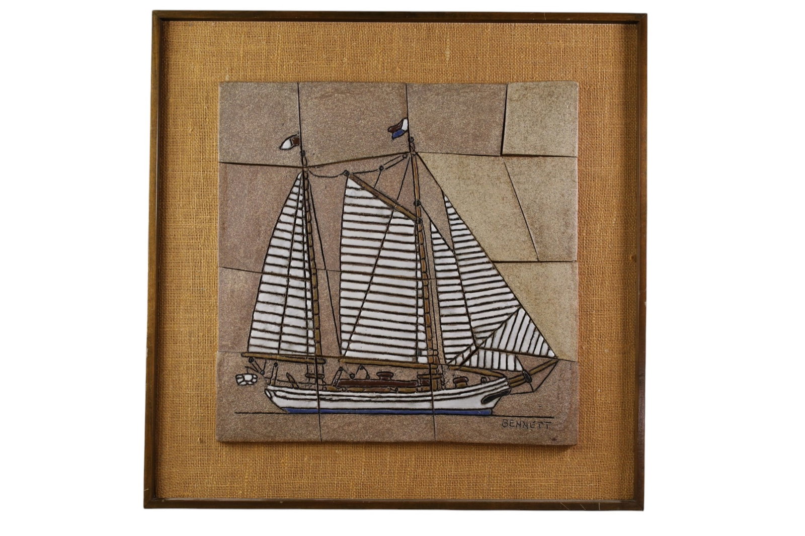 TILE MOSAIC: SIGNED BENNETT, MCM WALL HANGING TILE MOSAIC. 25" x 25" THIS ITEM EXCEEDS SIZE, WEIGHT, AND OR FRAGILITY LIMITATIONS FOR IN HOUSE SHIPPING, MUST BE PICKED UP IN HOUSE OR SHIPPED VIA 3rd PARTY GROUND