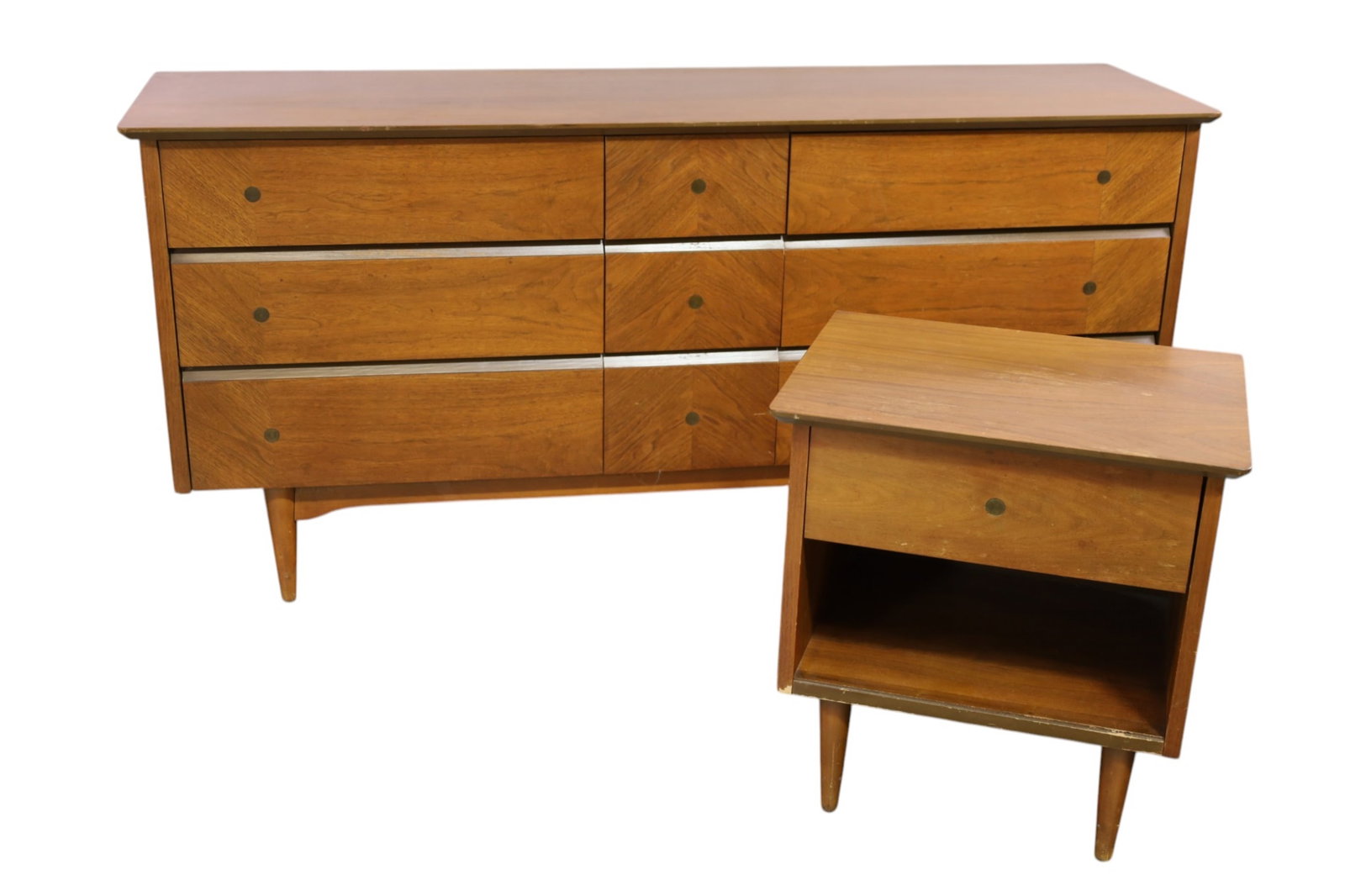 MID CENTURY MODERN BEDROOM SET: 2 PIECE MID CENTURY MODERN BEDROOM SET, 9 DRAWER DRESSER & SINGLE NIGHTSTAND, WEAR TO FINISH, 64" W x 18" D x 30" H DRESSER, & 21" W x 16" D x 22" H NIGHTSTAND. THIS ITEM EXCEEDS SIZE, WEIGHT, AND OR