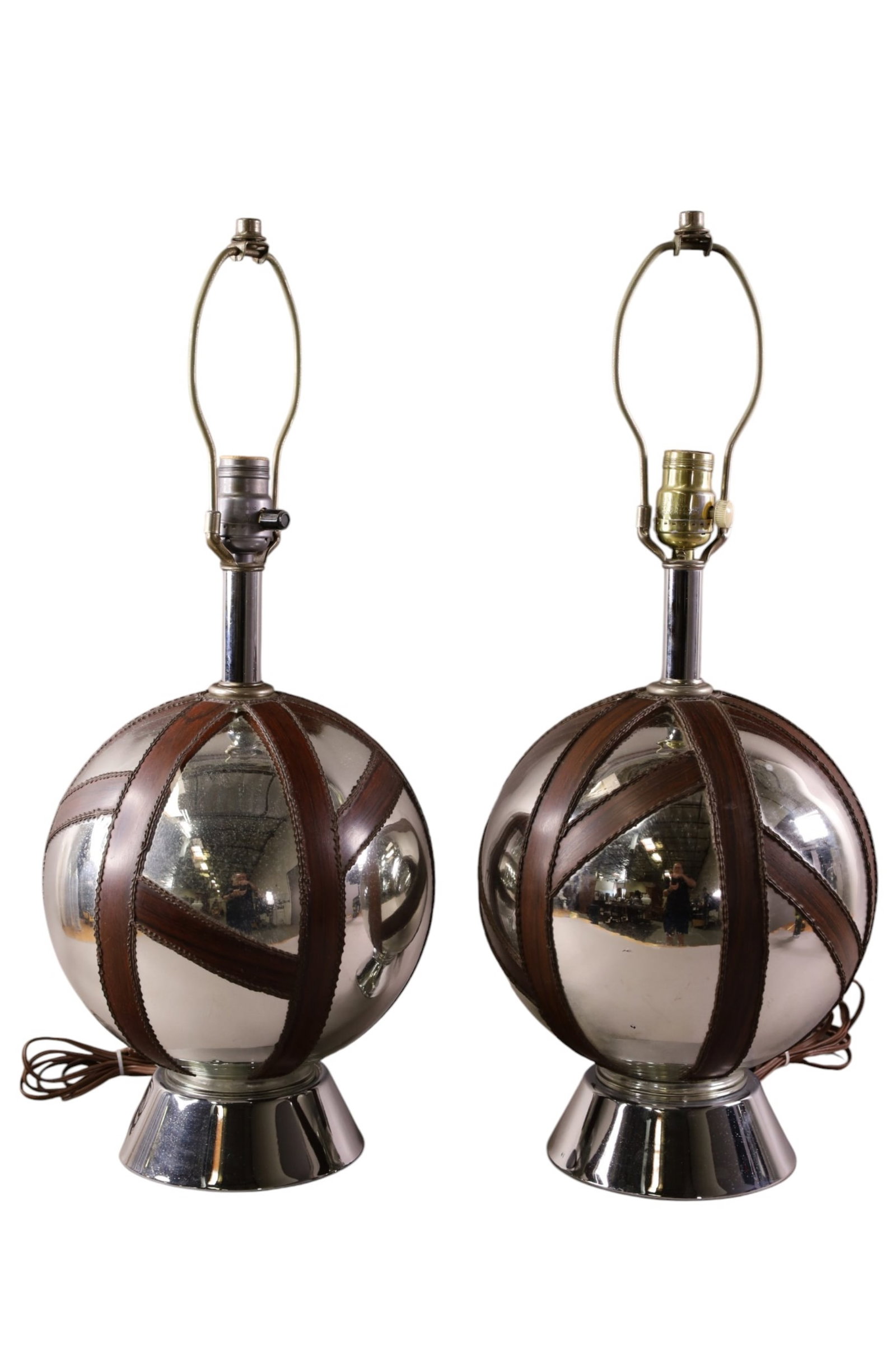 PAIR OF MERCURY GLASS TABLE LAMPS: PAIR OF 1960'S FRENCH MERCURY GLASS TABLE LAMPS WITH WOOD ACCENTS. SURFACE WEAR 24" H.