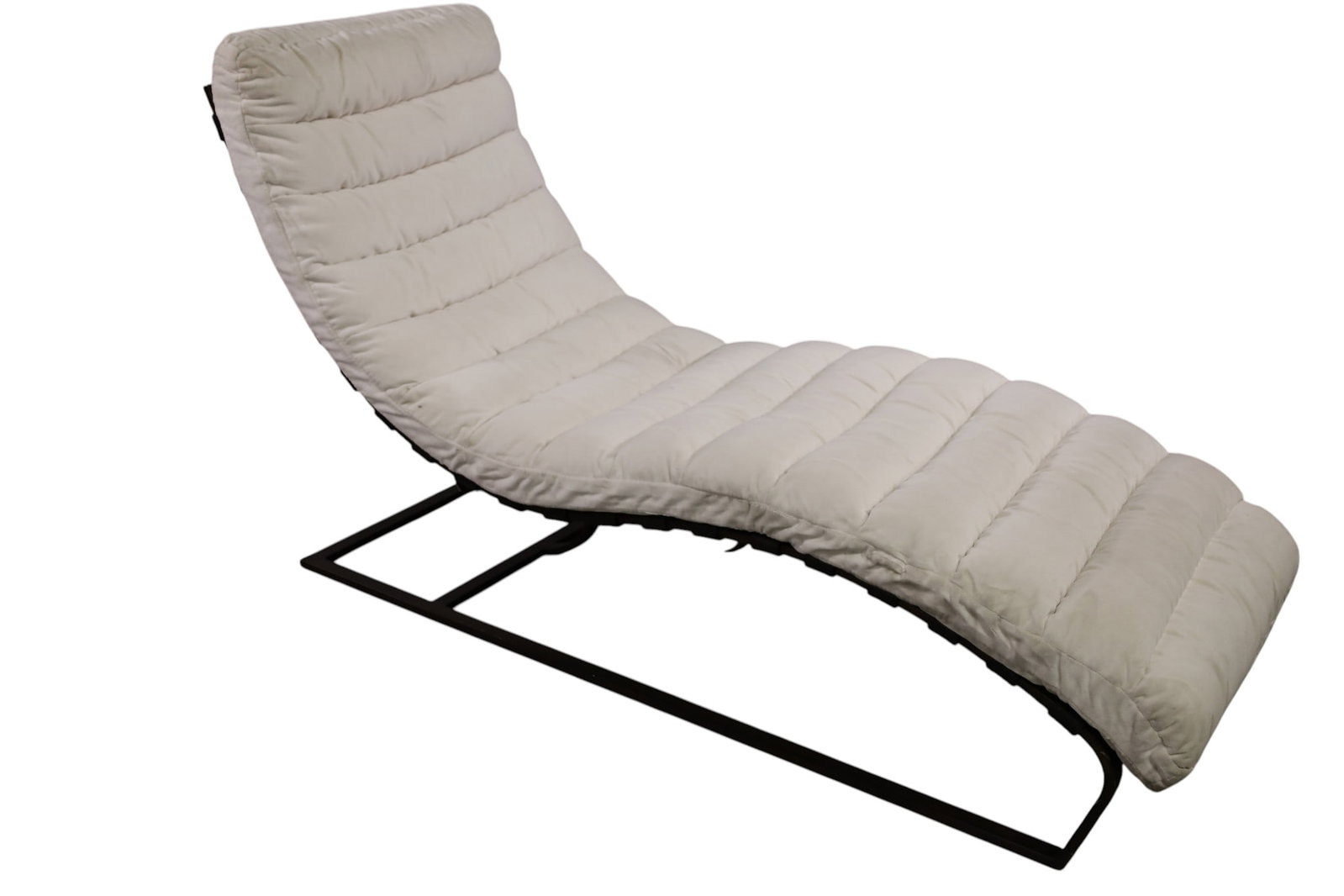 RESTORATION HARDWARE CHAISE LOUNGE: RESTORATION HARDWARE IRON BASE, CHAISE LOUNGE WITH WHITE CUSHION. 64" L x 24" W. THIS ITEM EXCEEDS SIZE, WEIGHT, AND OR FRAGILITY LIMITATIONS FOR IN HOUSE SHIPPING, MUST BE PICKED UP IN HOUSE OR