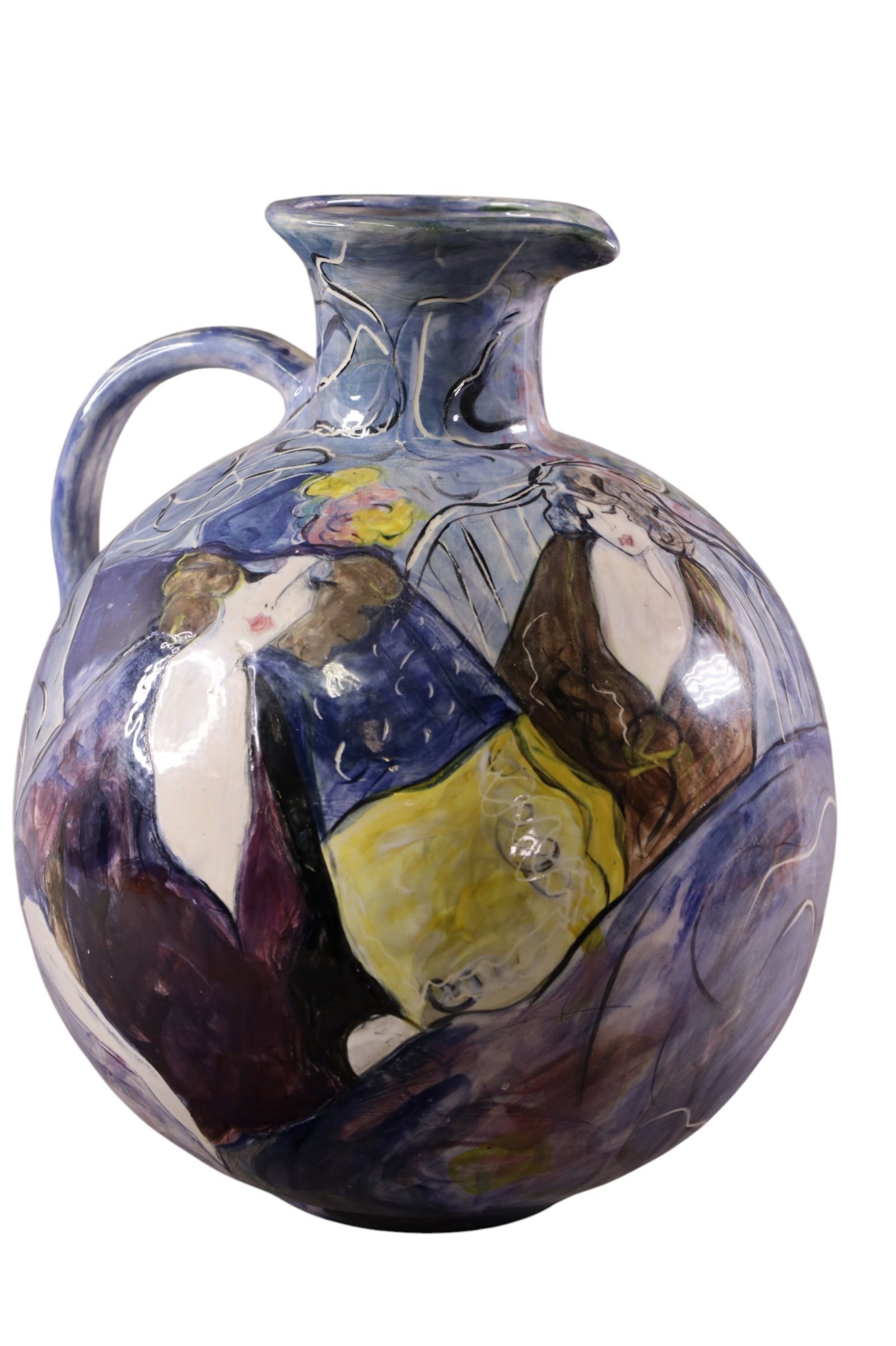 LARGE MCM JUG: LARGE HAND PAINTED MCM JUG, SIGNED ON BASE. 14 1/2" H.