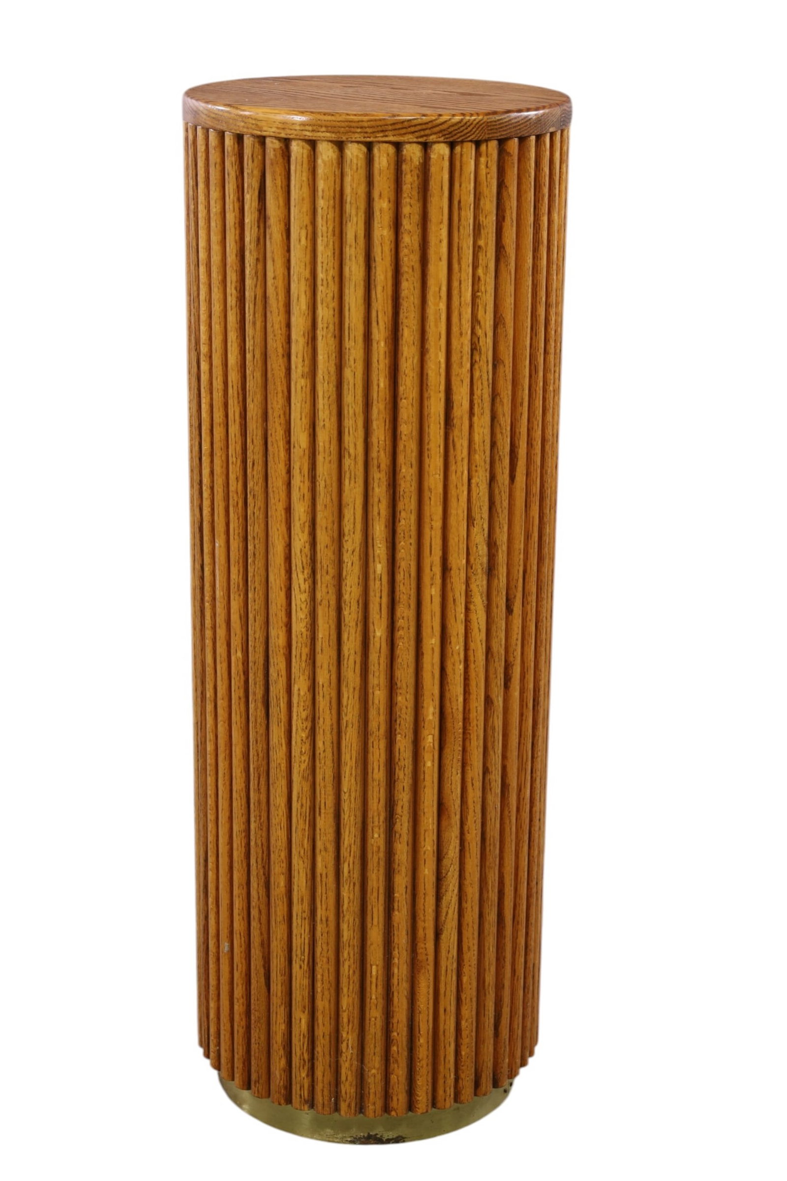 OAK & BRASS PEDESTAL: COLUMN FORM OAK AND BRASS BASE PEDESTAL, 12" DIAM x 34" H. THIS ITEM EXCEEDS SIZE, WEIGHT, AND OR FRAGILITY LIMITATIONS FOR IN HOUSE SHIPPING, MUST BE PICKED UP IN HOUSE OR SHIPPED VIA 3rd PARTY