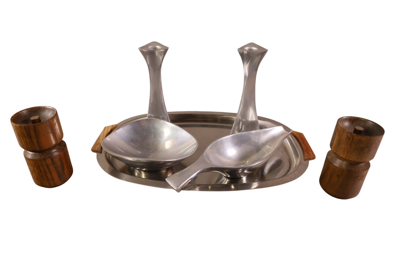 MID CENTURY MODERN TABLE ITEMS: 5 PIECES OF NAMBE ITEMS, & SHAKERS 15 1/2" W & 2" - 7" H.