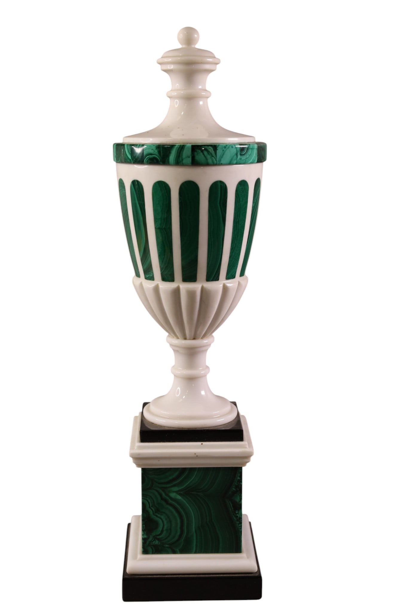 MALACHITE & MARBLE URN: LIDDED URN, MALACHITE AND MARBLE. 18" H.