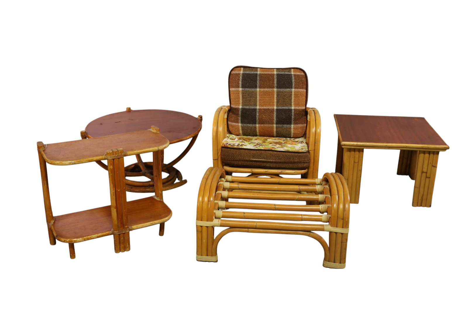 GROUPING OF RATTAN FURNITURE: BAMBOO AND RATTAN FURNITURE, INCLUDING AMRCHAIR AND FOOTSTOOL, ROUND COFFEE TABLE, TWO TIER SIDE TABLE & SQUARE END TABLE. WEAR TO FINISH, LOOSE BANDING,. VARIOUS SIZES. THIS ITEM EXCEEDS SIZE,