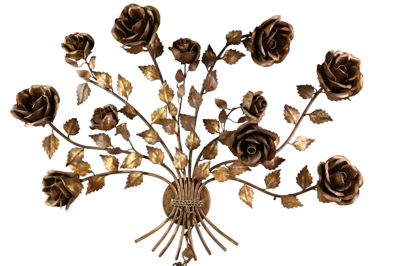 LIGHT UP FLORAL SCONCE: FLORAL BRASS HANGING SCONCE, ROSE MOTIF. 6 LIGHTS. 36" x 26" THIS ITEM EXCEEDS SIZE, WEIGHT, AND OR FRAGILITY LIMITATIONS FOR IN HOUSE SHIPPING, MUST BE PICKED UP IN HOUSE OR SHIPPED VIA 3rd PARTY