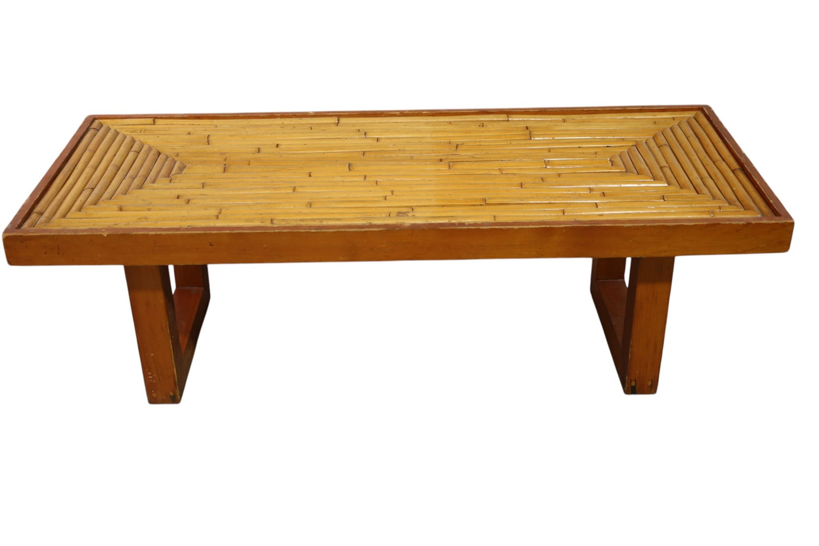 BAMBOO COFFEE TABLE: VINTAGE BAMBOO COFFEE TABLE, 56" L x 24" W x 17" H. THIS ITEM EXCEEDS SIZE, WEIGHT, AND OR FRAGILITY LIMITATIONS FOR IN HOUSE SHIPPING, MUST BE PICKED UP IN HOUSE OR SHIPPED VIA 3rd PARTY GROUND