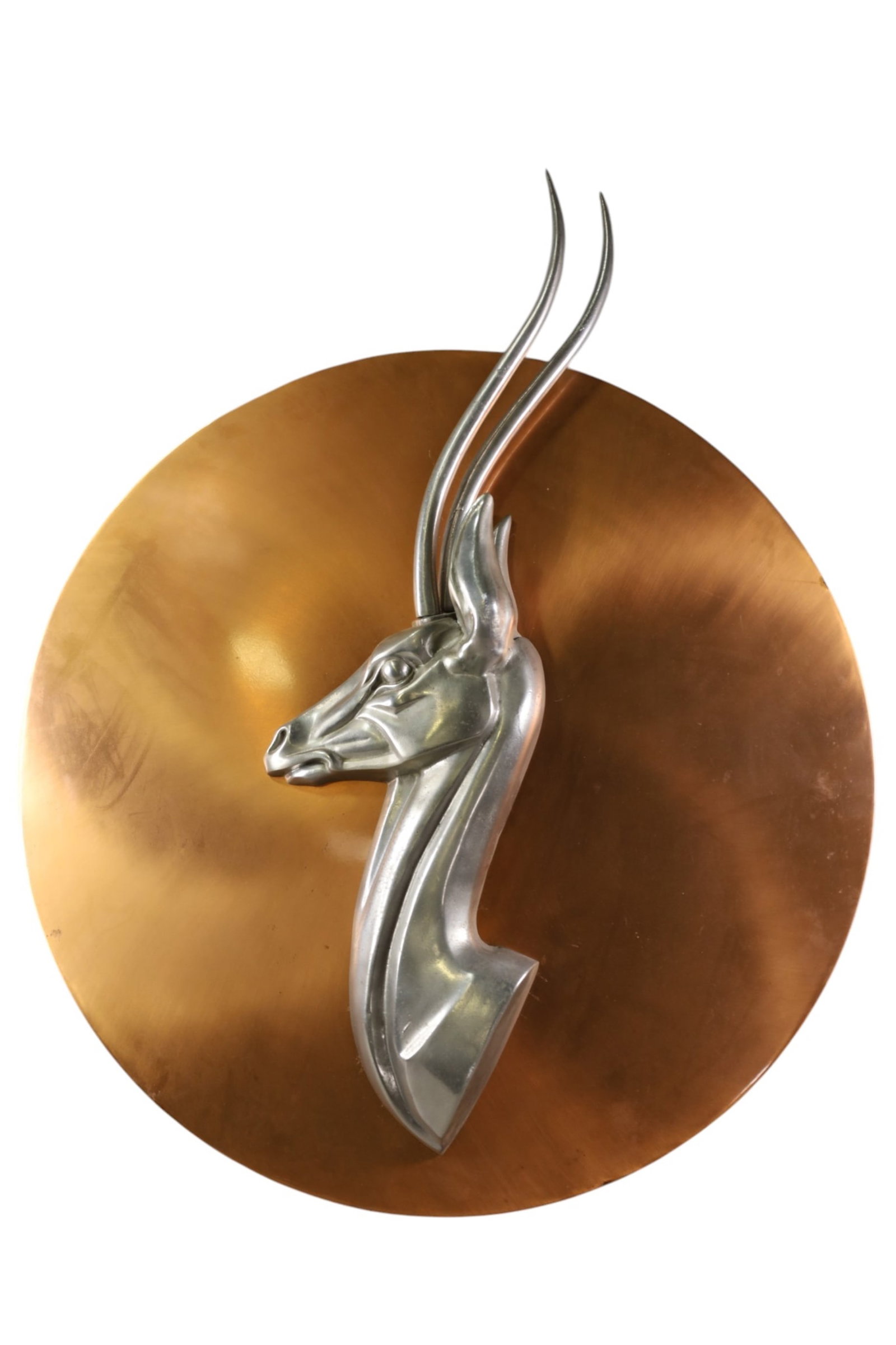 ANTELOPE WALL SCULPTURE: MIXED METAL DECO ANTELOPE WALL SCULPTURE, ONE ANTLER IS LOOSE. 30" DIAM. THIS ITEM EXCEEDS SIZE, WEIGHT, AND OR FRAGILITY LIMITATIONS FOR IN HOUSE SHIPPING, MUST BE PICKED UP IN HOUSE OR SHIPPED VIA