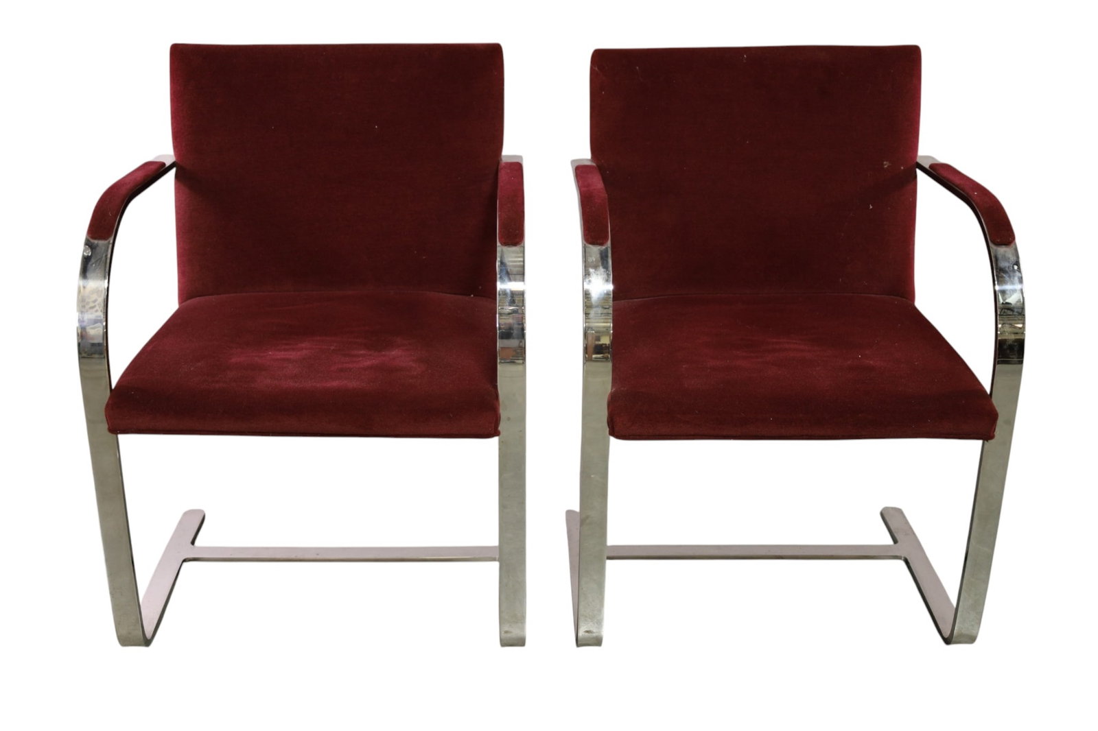 PAIR OF BRUETON ARMCHAIRS: PAIR OF CHROME BRUETON ARMCHAIRS, MARKED ON UNDERSIDE, UPHOLSTERY NEEDS CLEANED. 23" W x 23" D x 31" H. THIS ITEM EXCEEDS SIZE, WEIGHT, AND OR FRAGILITY LIMITATIONS FOR IN HOUSE SHIPPING, MUST BE