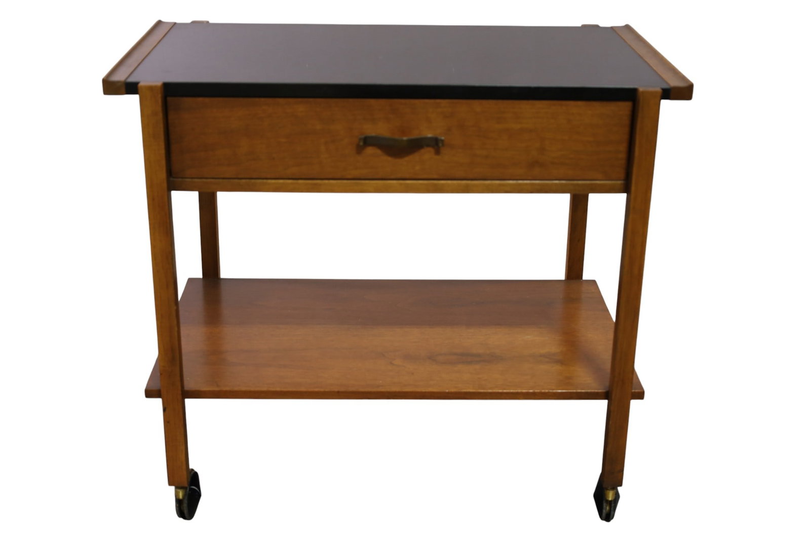 MID CENTURY MODERN BAR CART: SINGLE DRAWER MID CENTURY MODERN BAR CART, LA PERIOD FURNITURE. 32" W x 19 1/2" D x 28 1/2" H. THIS ITEM EXCEEDS SIZE, WEIGHT, AND OR FRAGILITY LIMITATIONS FOR IN HOUSE SHIPPING, MUST BE PICKED UP IN