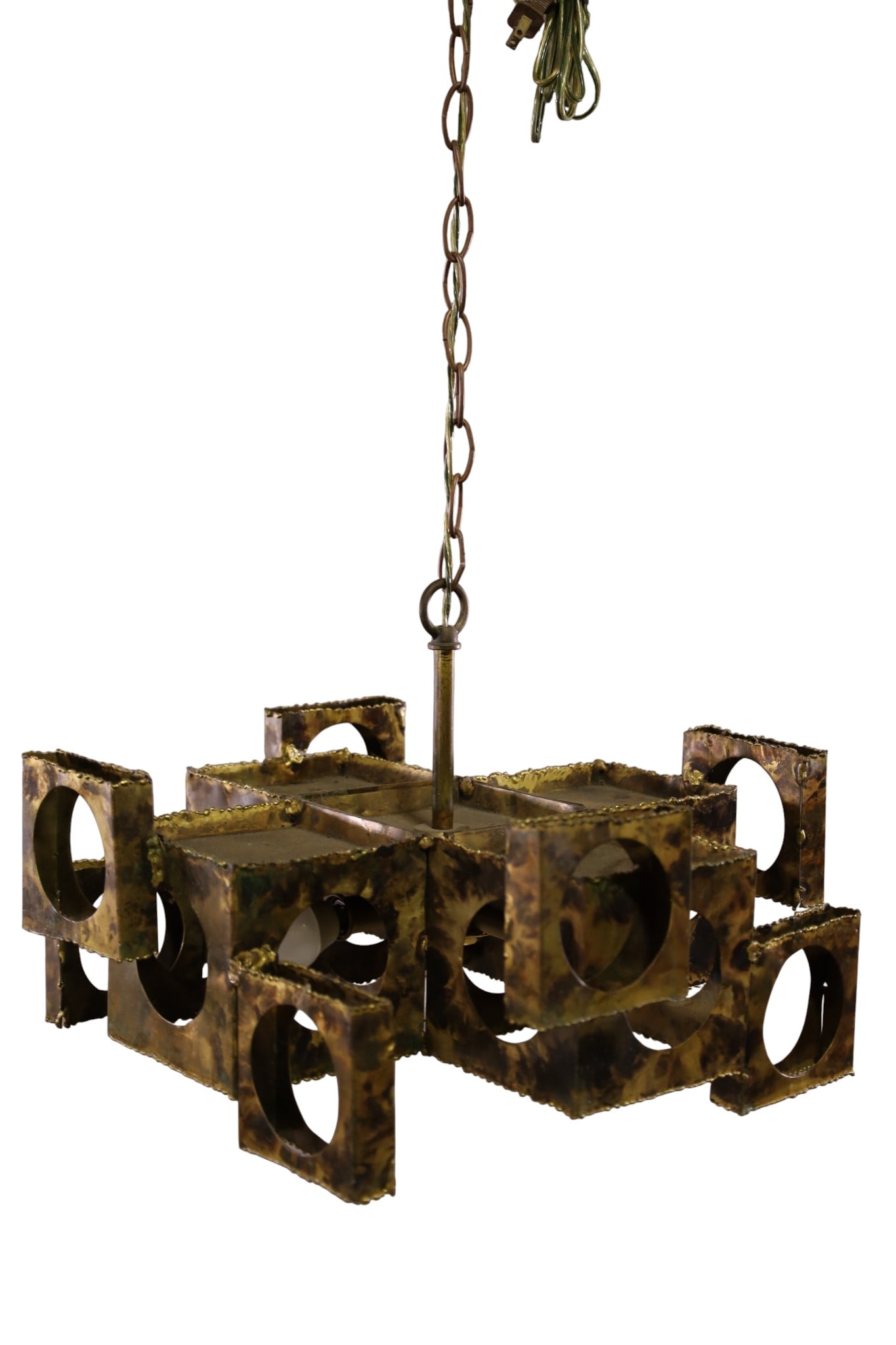 BRUTALIST HANGING LIGHT: BRUTALIST TORCH CUT HANGING LIGHT, ATTRIBUTED TO TOM GREENE, FOR FELDMAN LIGHTING CO. 17" x 17" x 12" H.