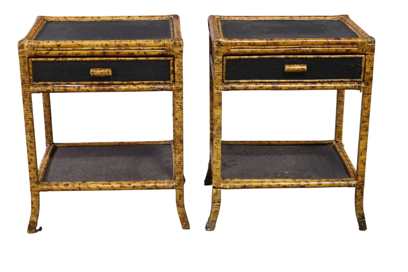 PAIR OF BAMBOO NIGHTSTANDS: BURNT BAMBOO WITH GRASS CLOTH, OVER IRON BASE NIGHTSTANDS. SOME LOOSE BANDING. 20" W x 16" D x 26 1/2" H. THIS ITEM EXCEEDS SIZE, WEIGHT, AND OR FRAGILITY LIMITATIONS FOR IN HOUSE SHIPPING, MUST BE