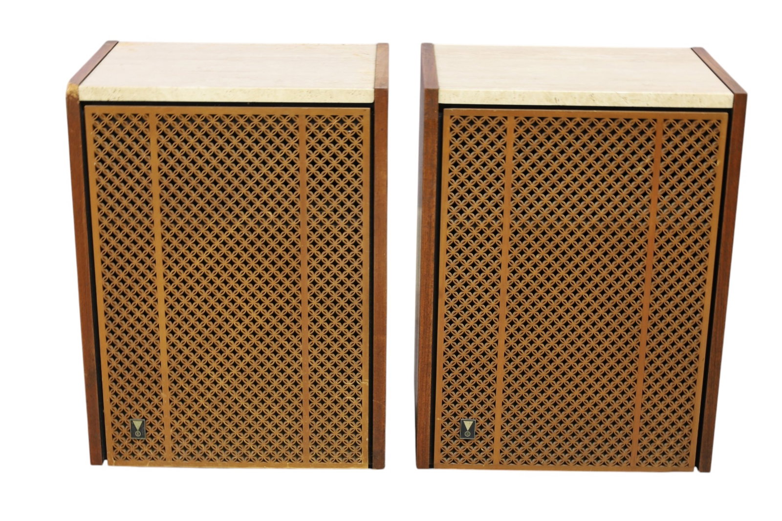 PAIR OF JBL C56 SPEAKERS: PAIR OF VINTAGE JBL C56 TRAVERTINE TOP MID CENTURY MODERN SPEAKERS, VENEER CHIPS, WEAR TO FINISH. CRACKS TO FOAM. UNTESTED, SOLD AS IS. WORKING CONDITION UNKNOWN. 17 1/2" W x 12 1/2" D x 25" H. THIS