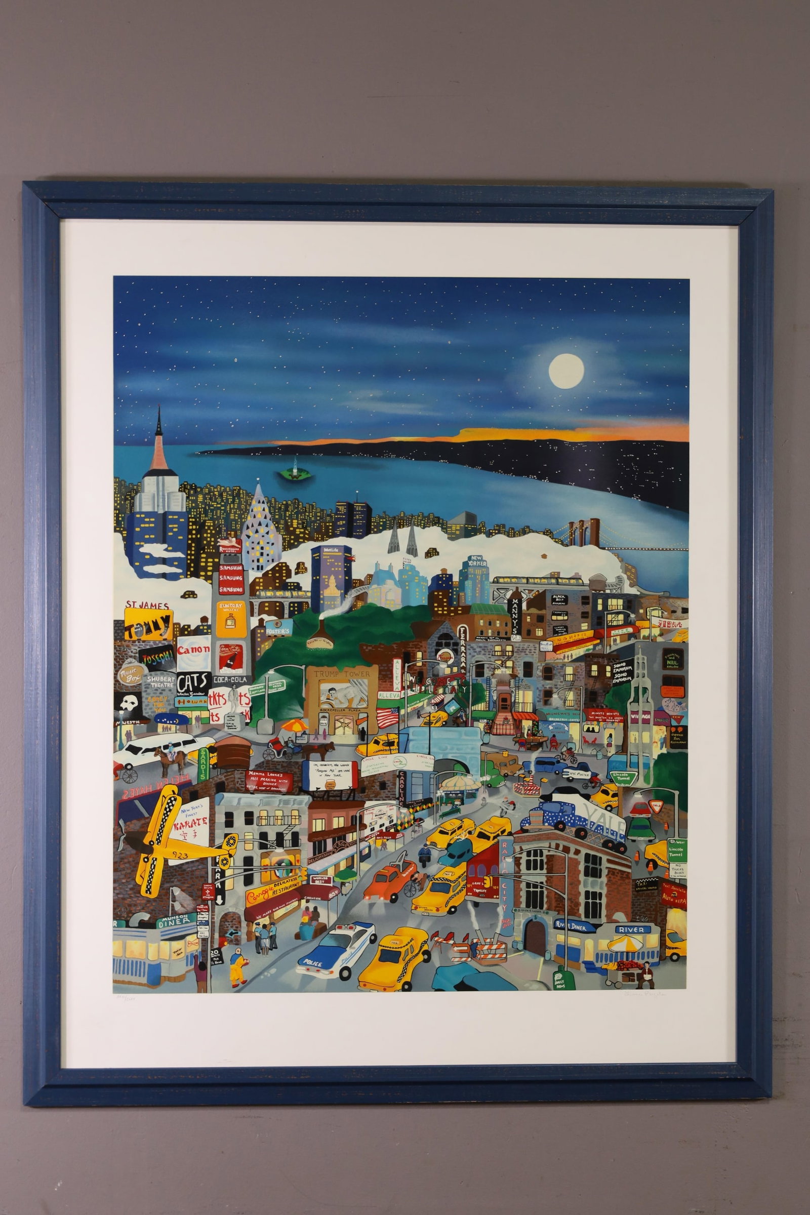 LINNEA PERGOLA FRAMED SILKSCREEN: LARGE FRAMED SILKSCREEN BY LINNEA PERGOLA, TITLED MOONLIGHT OVER MANHATTAN, SIGNED AND NUMBERED. 38" x 46" IN FRAME. THIS ITEM EXCEEDS SIZE, WEIGHT, AND OR FRAGILITY LIMITATIONS FOR IN HOUSE