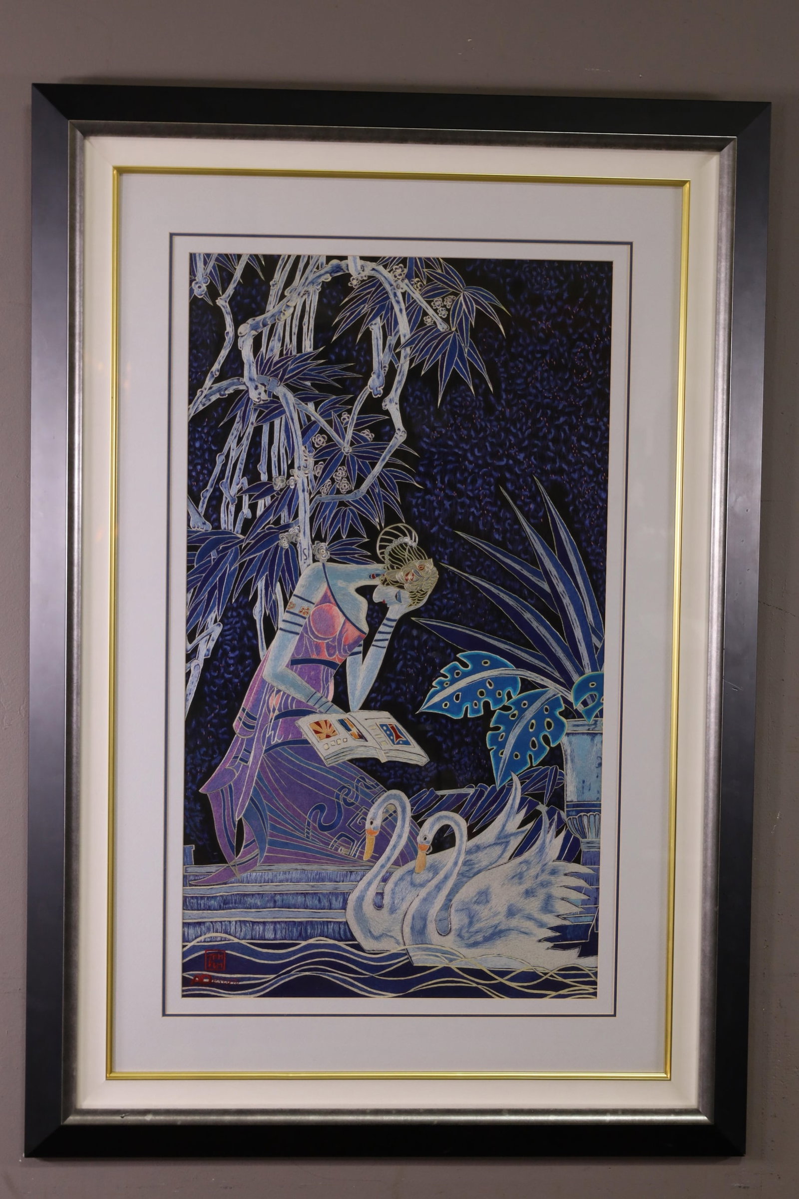 TING SHAO KUANG FRAMED FABRIC: MARKED IN LOWER RIGHT, FRAMED FABRIC, WOMAN WITH SWANS. 19" x 33 1/2" FABRIC & 32 1/2" X 47" IN FRAME. THIS ITEM EXCEEDS SIZE, WEIGHT, AND OR FRAGILITY LIMITATIONS FOR IN HOUSE SHIPPING, MUST BE