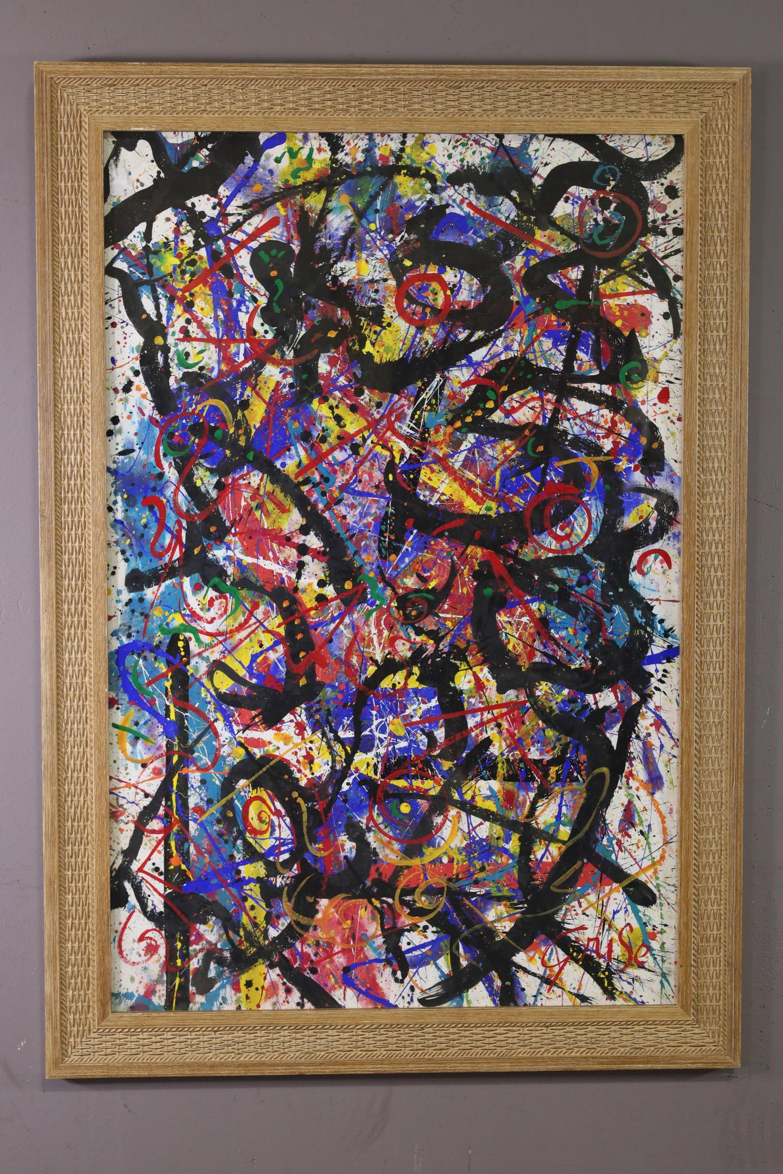 HENDRIK GRISE ABSTRACT OIL PAINTING: FRAMED UNDER GLASS, SIGNED LOWER RIGHT, 25 1/2" x 39" IMAGE SIZE / 31 1/2" x 45" IN FRAME.