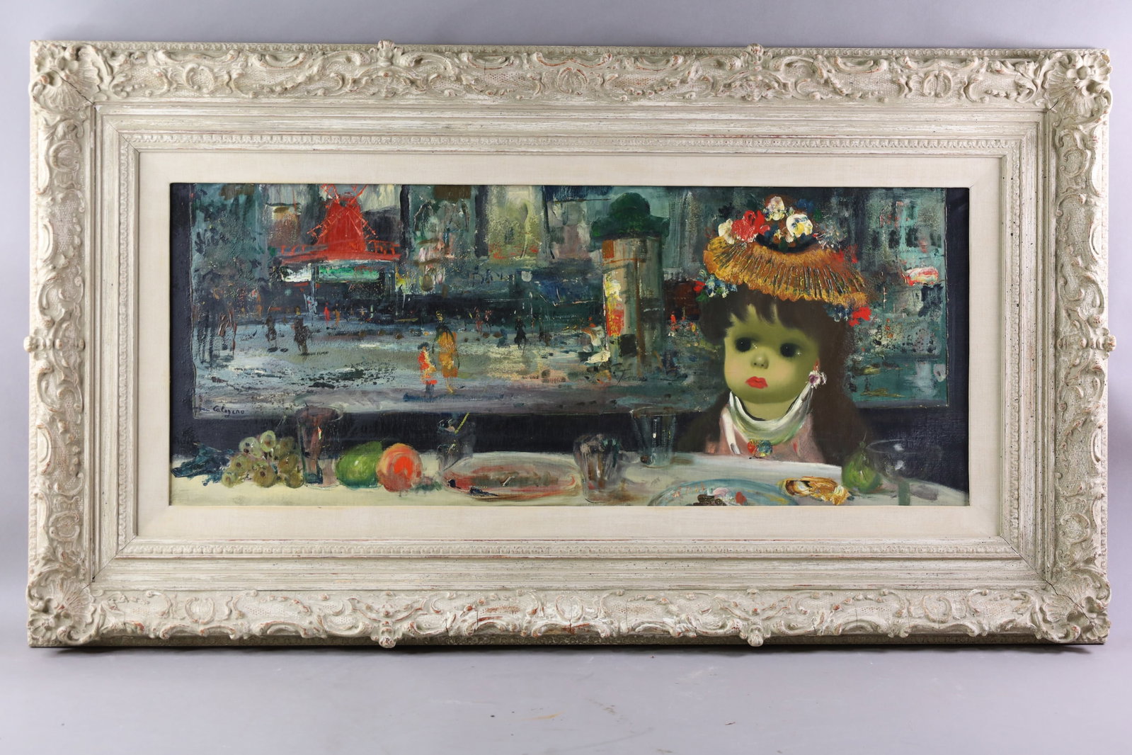 JEAN CALOGREO OIL PAINTING: OIL ON CANVAS, SIGNED LOWER LEFT, TITLED GIRL AT THE BAR. 15" X 33" IMAGE SIZE / 44 1/2" x 25" IN FRAME.