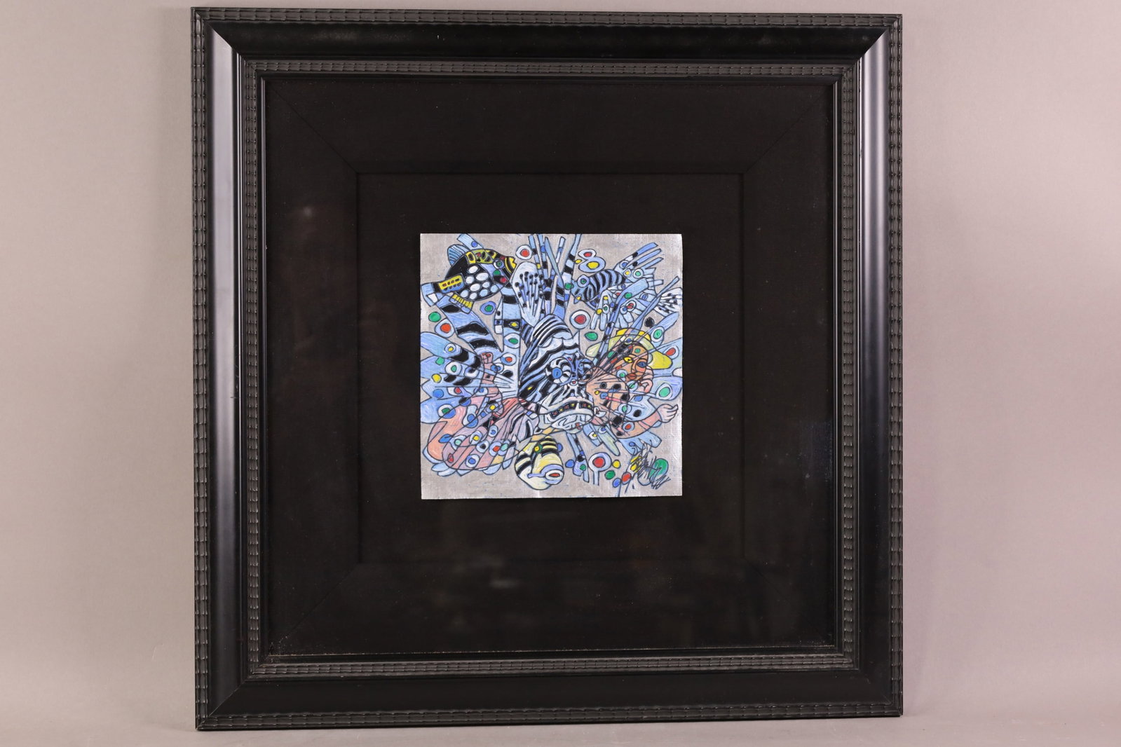 JIANG LI GOUCHE: SMALL FRAMED GOUCHE ON PAPER, PLAY IN THE SEA, 8" x 8" IMAGE SIZE / 22" x 22" IN FRAME