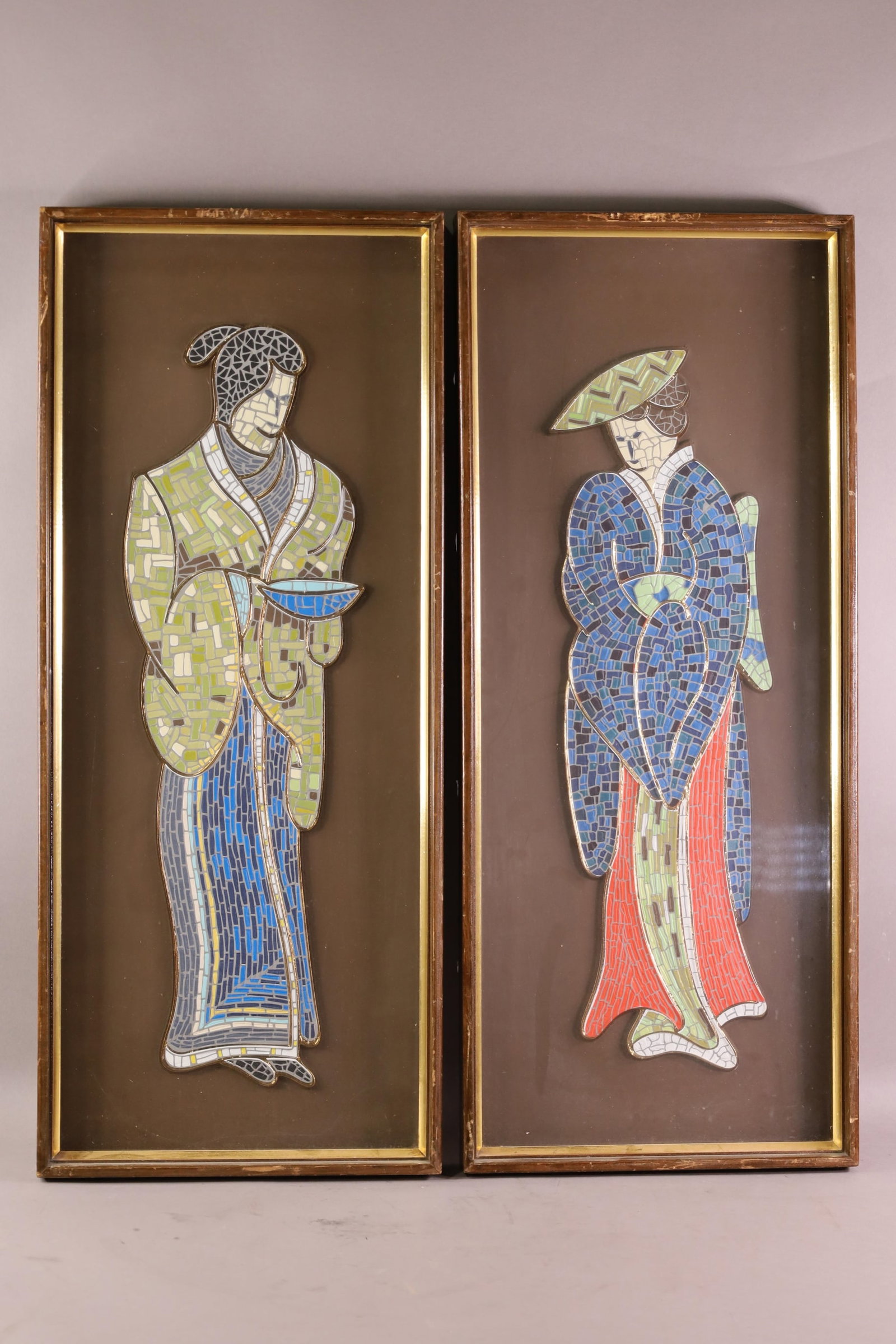 PAIR OF MCM WALL HANGINGS: PAIR OF MID CENTURY MODERN MOSAIC STYLE WALL HANGINGS. ASIAN MOTIF. 13" x 31" IN FRAME