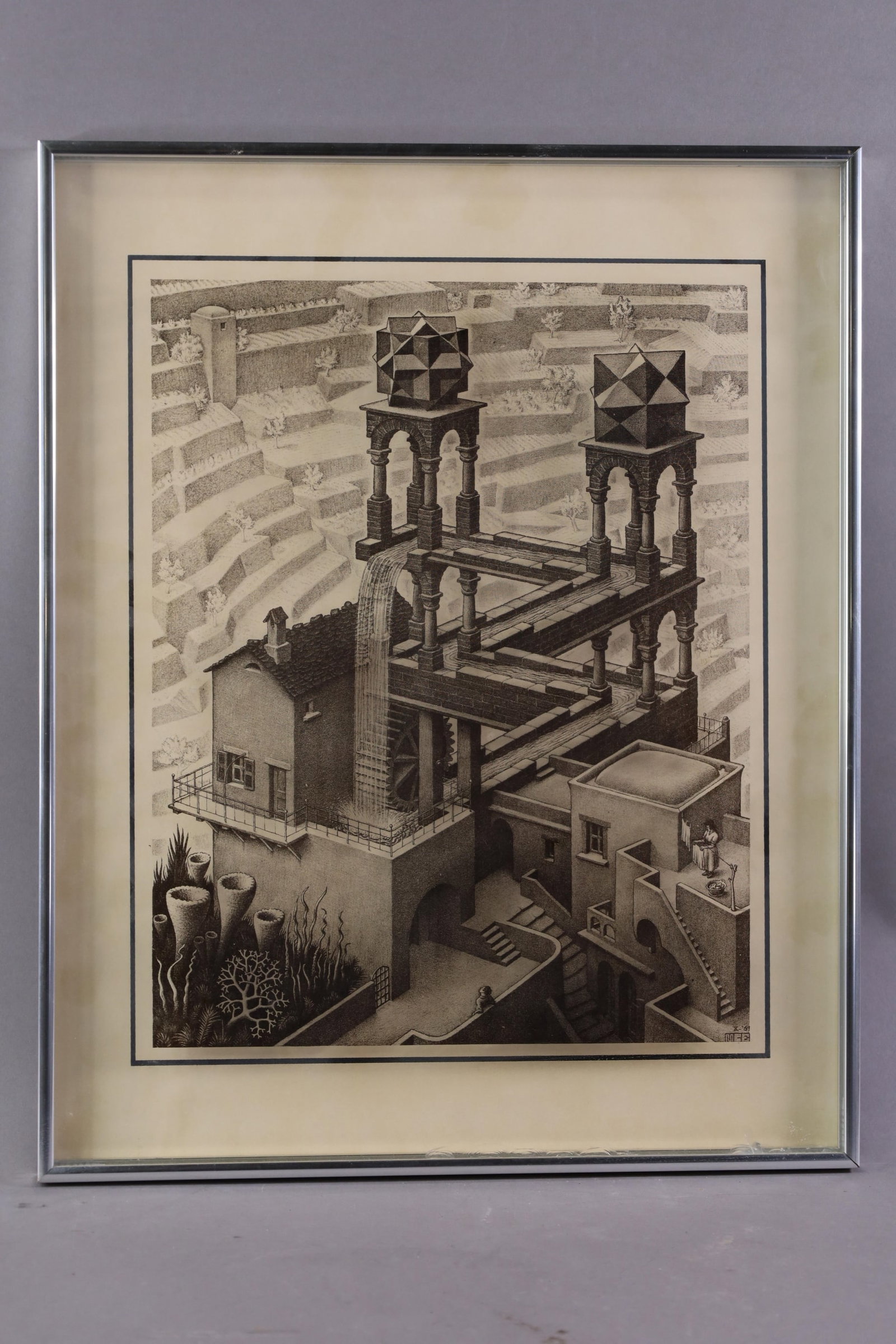 M.C. ESCHER PHOTO ON GLASS: PHOTOGRAPH ON GLASS, BY LUCID LINES, TITLED WATERFALL. 16" x 20"