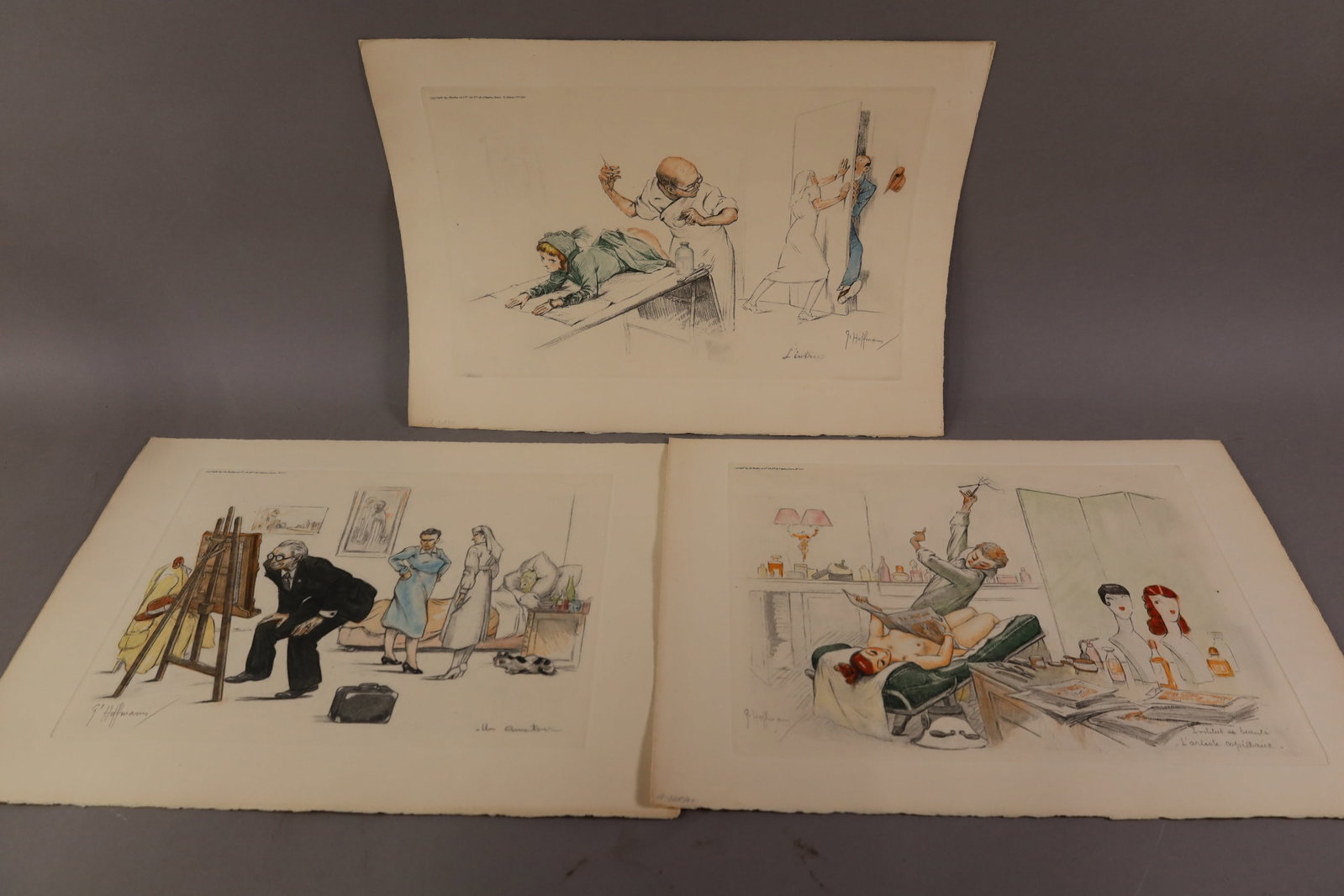 3 GASTON HOFFMANN ENGRAVINGS: 3 UNFRAMED ENGRAVINGS, FRENCH CARTOONIST, 18" x 12 1/2"