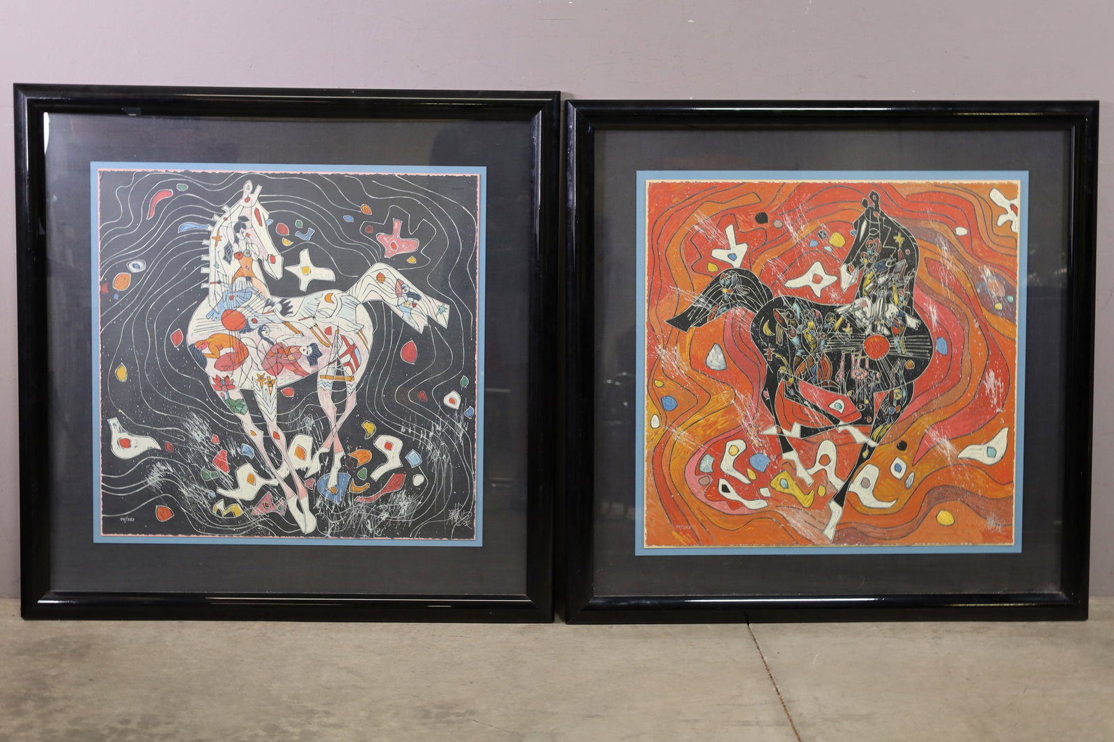 2 JIANG TIEFENG FRAMED SERIGRAPHS: BLACK HORSE & WHITE HORSE, SIGNED AND NUMBERED. 25" x 25" IMAGE SIZE / 36" x 36" IN FRAME. THIS ITEM EXCEEDS SIZE, WEIGHT, AND OR FRAGILITY LIMITATIONS FOR IN HOUSE SHIPPING, MUST BE PICKED UP IN HOUS