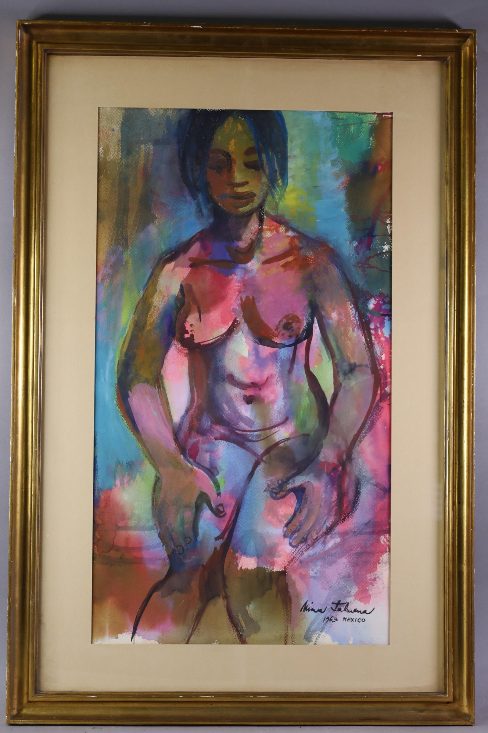 MINA TABUENA NUDE PORTRAIT: SIGNED AND DATED LOWER RIGHT, FRAMED NUDE PORTRAIT. 16" x 29" IMAGE SIZE / 25" x 37 1/2" IN FRAME. THIS ITEM EXCEEDS SIZE, WEIGHT, AND OR FRAGILITY LIMITATIONS FOR IN HOUSE SHIPPING, MUST BE PICKED