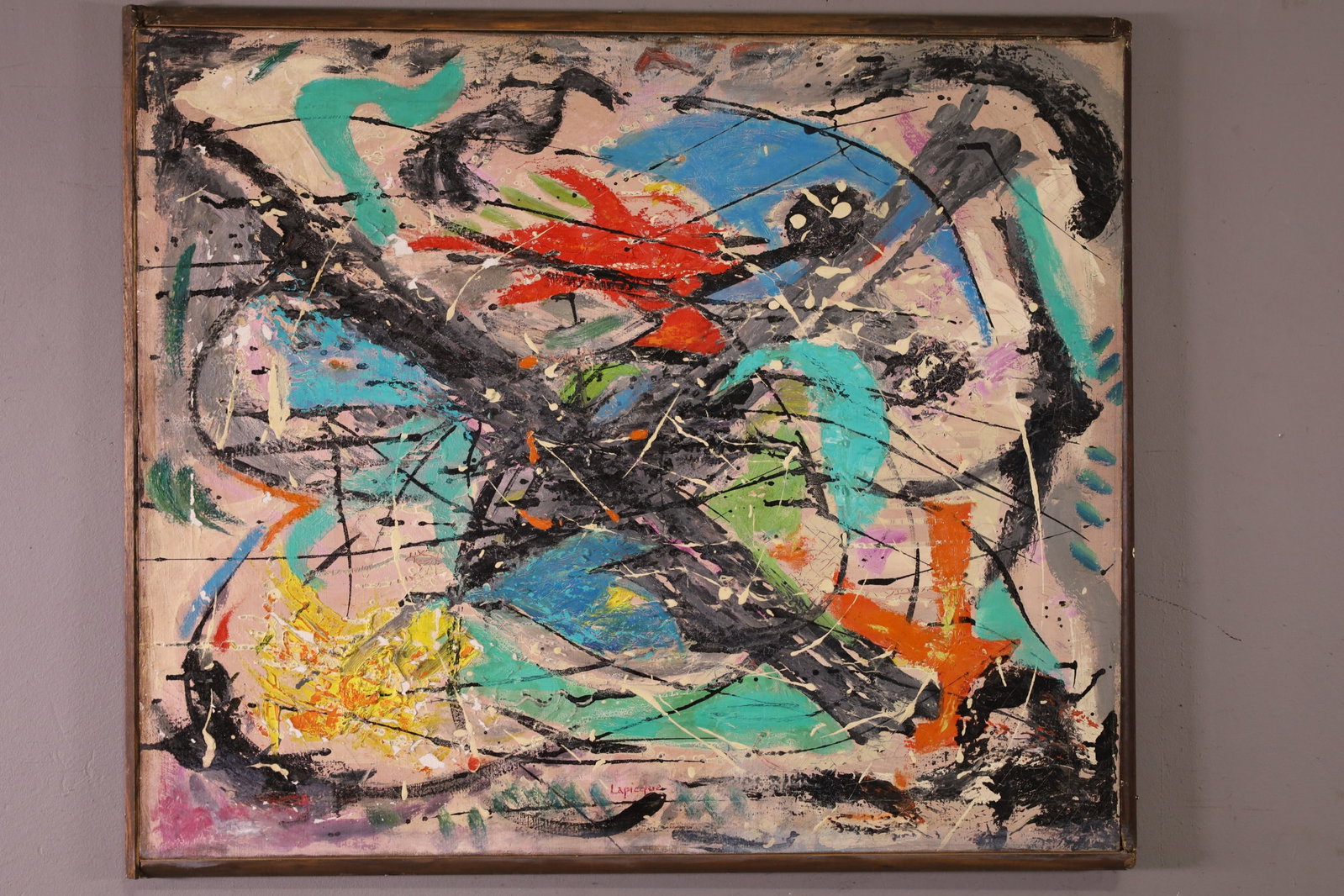 CHARLES LIPICQUE ABSTRACT PAINTING: OIL ON CANVAS, SIGNED LOWER CENTER, 31" x 26" IN FRAME.