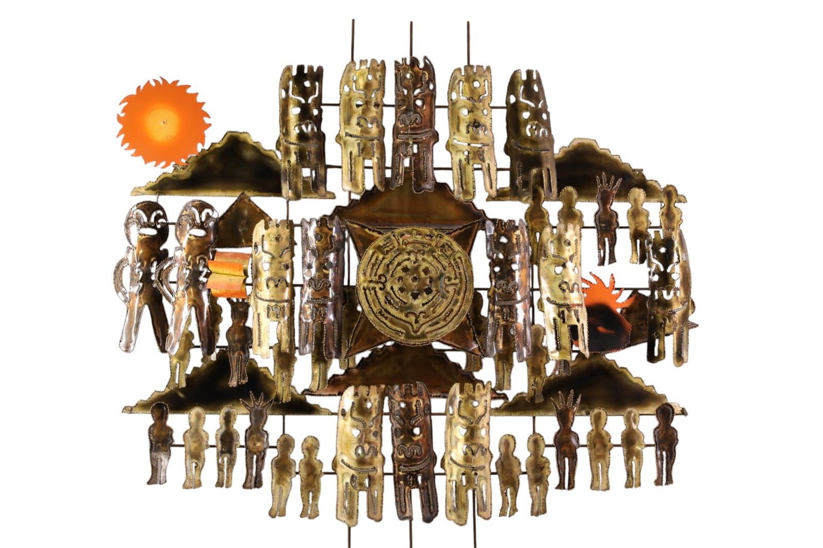 TORCH CUT WALL SCULPTURE: BRUTALIST TORCH CUT WALL SCULPTURE, FIGURAL AND TIKI MOTIF. SIGNED NEGRETE. 38" x 37" THIS ITEM EXCEEDS SIZE, WEIGHT, AND OR FRAGILITY LIMITATIONS FOR IN HOUSE SHIPPING, MUST BE PICKED UP IN HOUSE OR