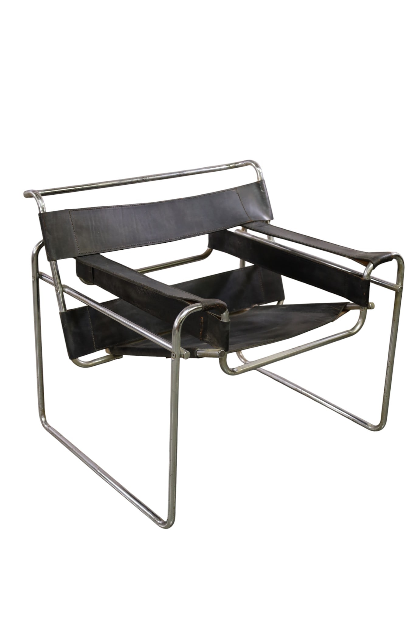 WASSILY STYLE ARMCHAIR: MID CENTURY MODERN WASSILY STYLE AMRCHAIR, WEAR TO LEATHER, 30 1/2" W x 28" D x 28" H. THIS ITEM EXCEEDS SIZE, WEIGHT, AND OR FRAGILITY LIMITATIONS FOR IN HOUSE SHIPPING, MUST BE PICKED UP IN HOUSE