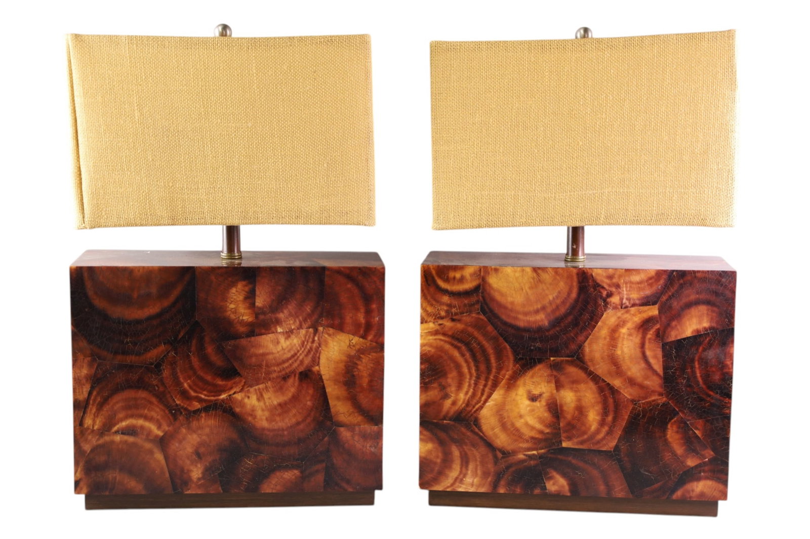 PAIR OF MCM TABLE LAMPS: PAIR OF RESIN, MID CENTURY MODERN TABLE LAMPS. FABRIC SHADES. 16" x 25" H. THIS ITEM EXCEEDS SIZE, WEIGHT, AND OR FRAGILITY LIMITATIONS FOR IN HOUSE SHIPPING, MUST BE PICKED UP IN HOUSE OR SHIPPED